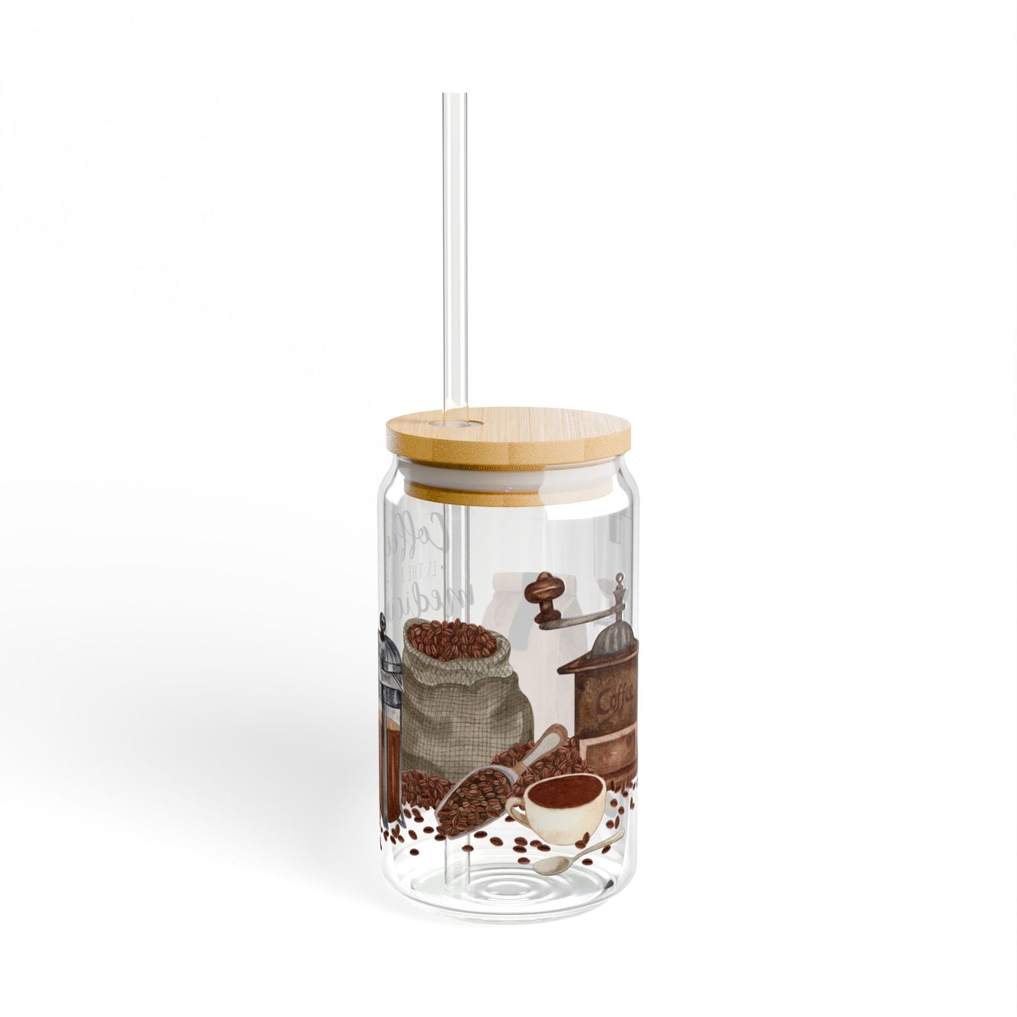 Coffee Is the Best Medicine" Glass Tumbler with Bamboo Lid & Straw – Eco-Friendly Drinkware, 16oz