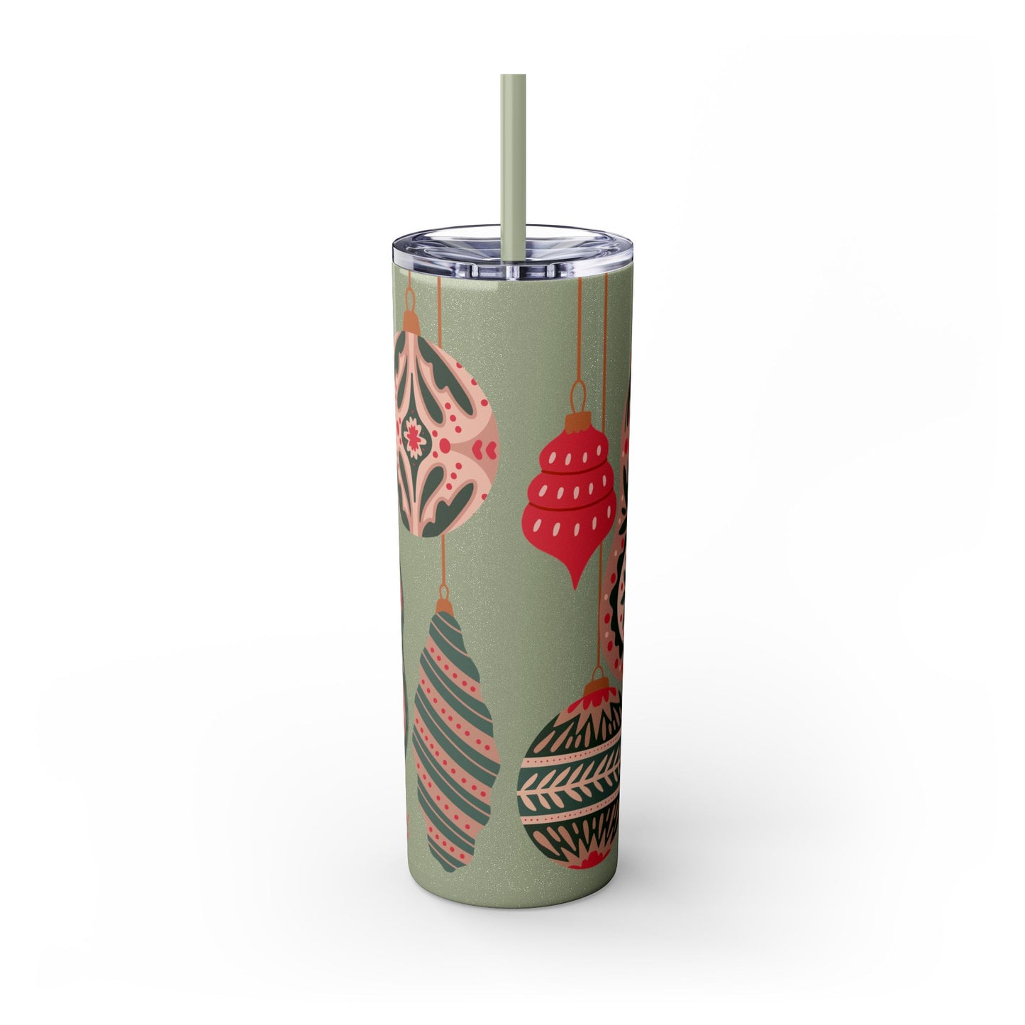 Scandinavian-Inspired Holiday Skinny Tumbler with Straw - Festive Ornaments Design, 20oz