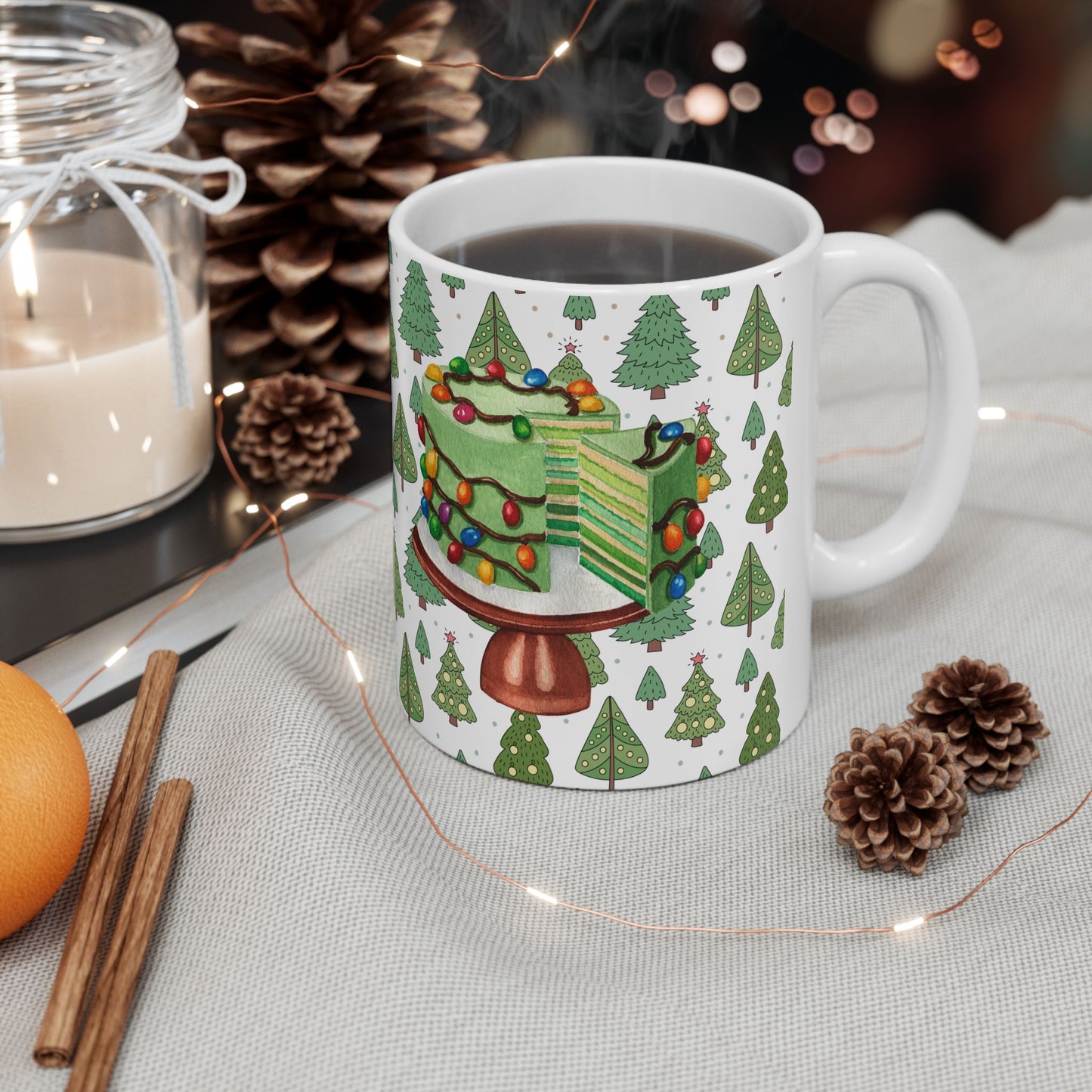 Christmas Mug with Festive Layer Cake and Holiday Tree Design – Perfect for Seasonal Cheer