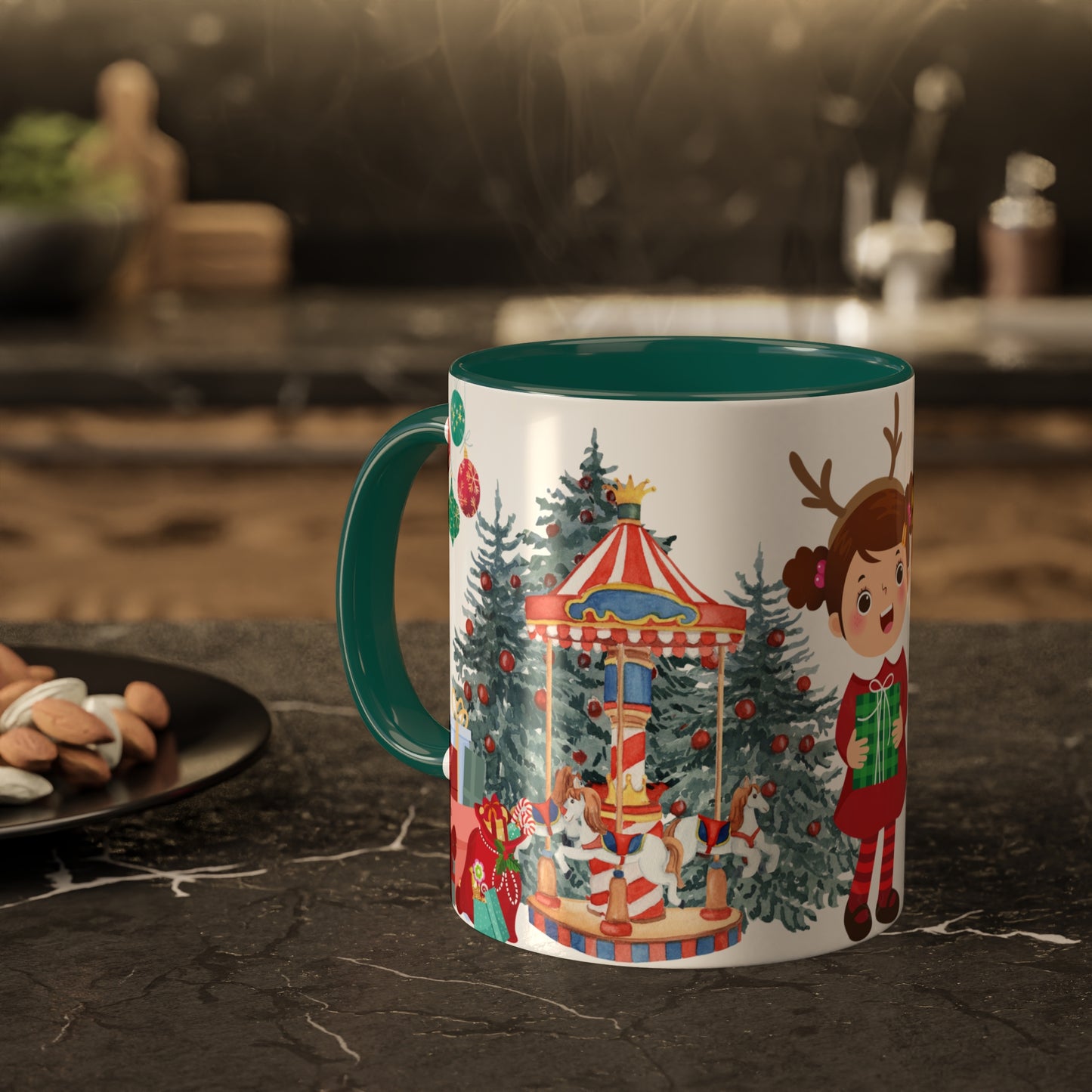 Cute Christmas Mug with Kids and Reindeer Design – Festive Holiday Coffee Cup