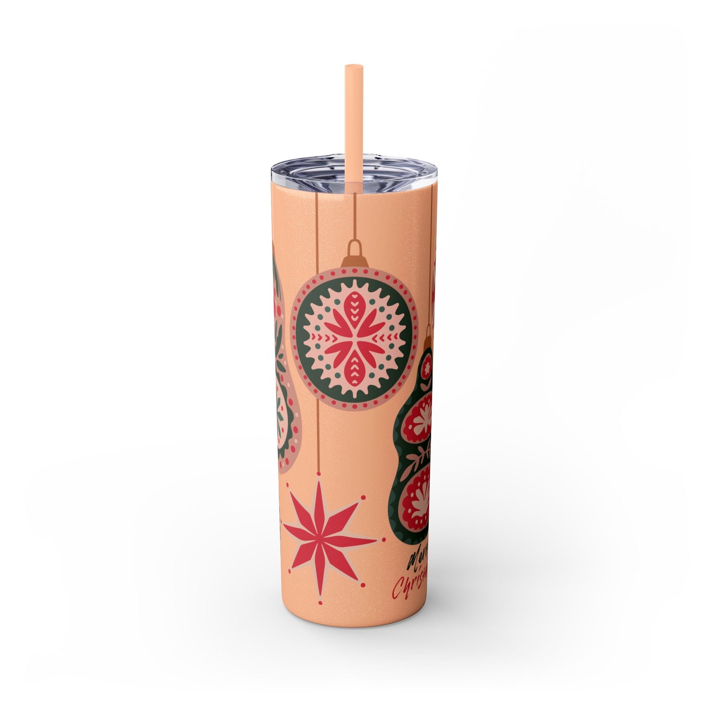 Scandinavian-Inspired Holiday Skinny Tumbler with Straw - Festive Ornaments Design, 20oz