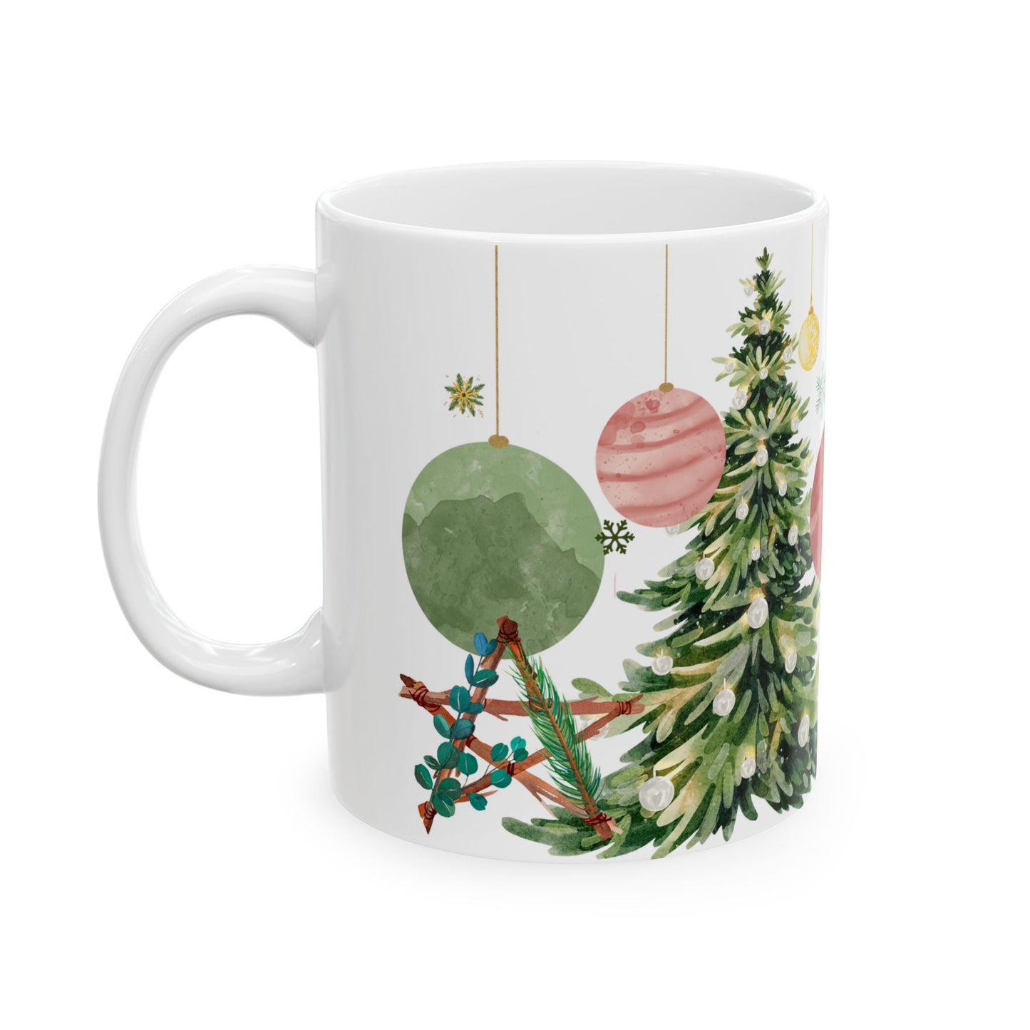 Watercolor Christmas Tree Mug – Festive Holiday Coffee Cup with Ornament Design, (11oz, 15oz)