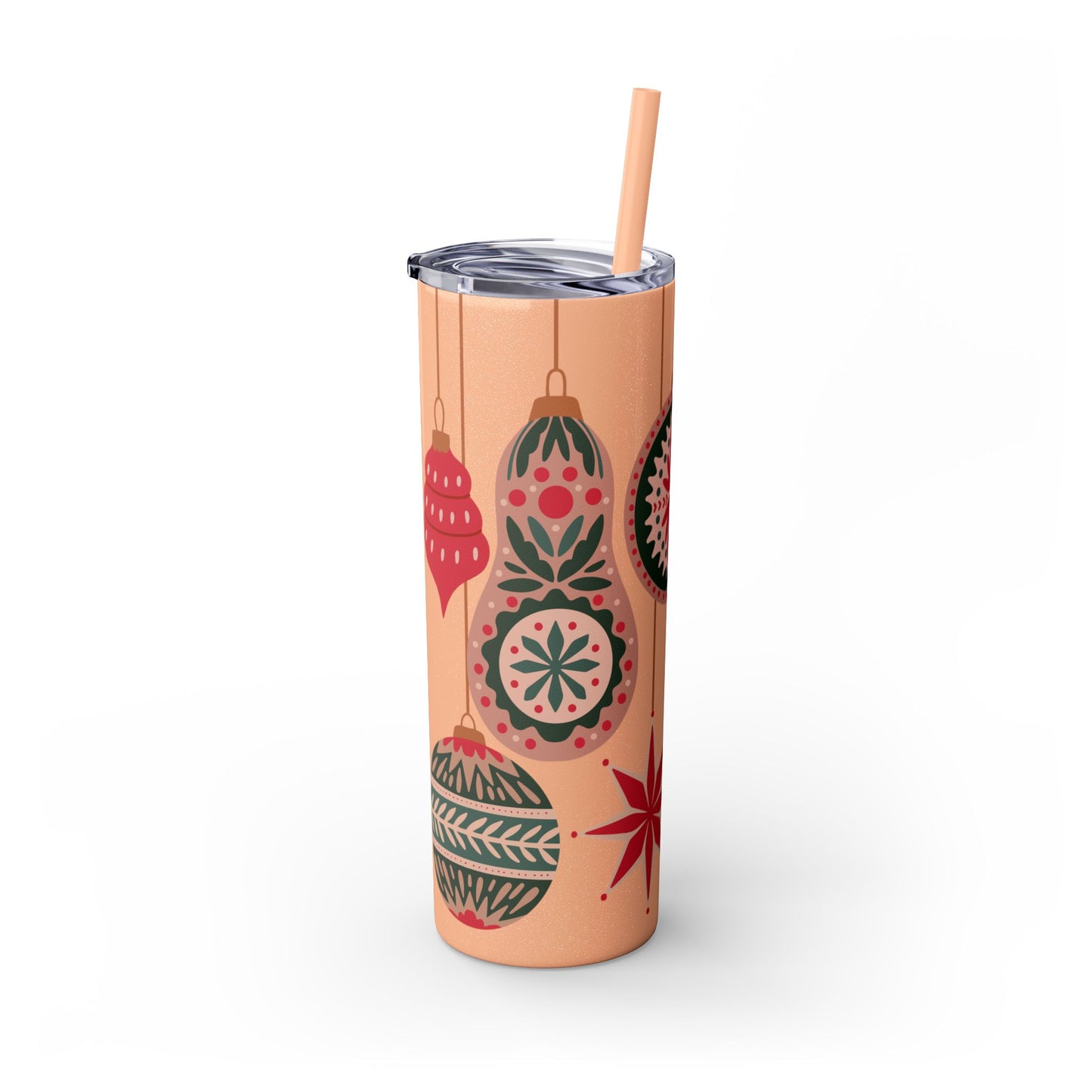 Scandinavian-Inspired Holiday Skinny Tumbler with Straw - Festive Ornaments Design, 20oz