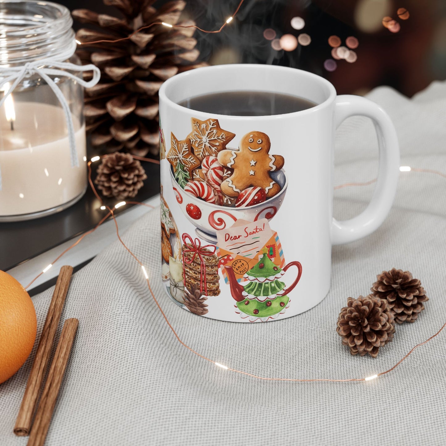 Festive Christmas Treats Mug – Holiday Coffee Cup with Cookies, Cakes, and Hot Cocoa Design, (11oz, 15oz)