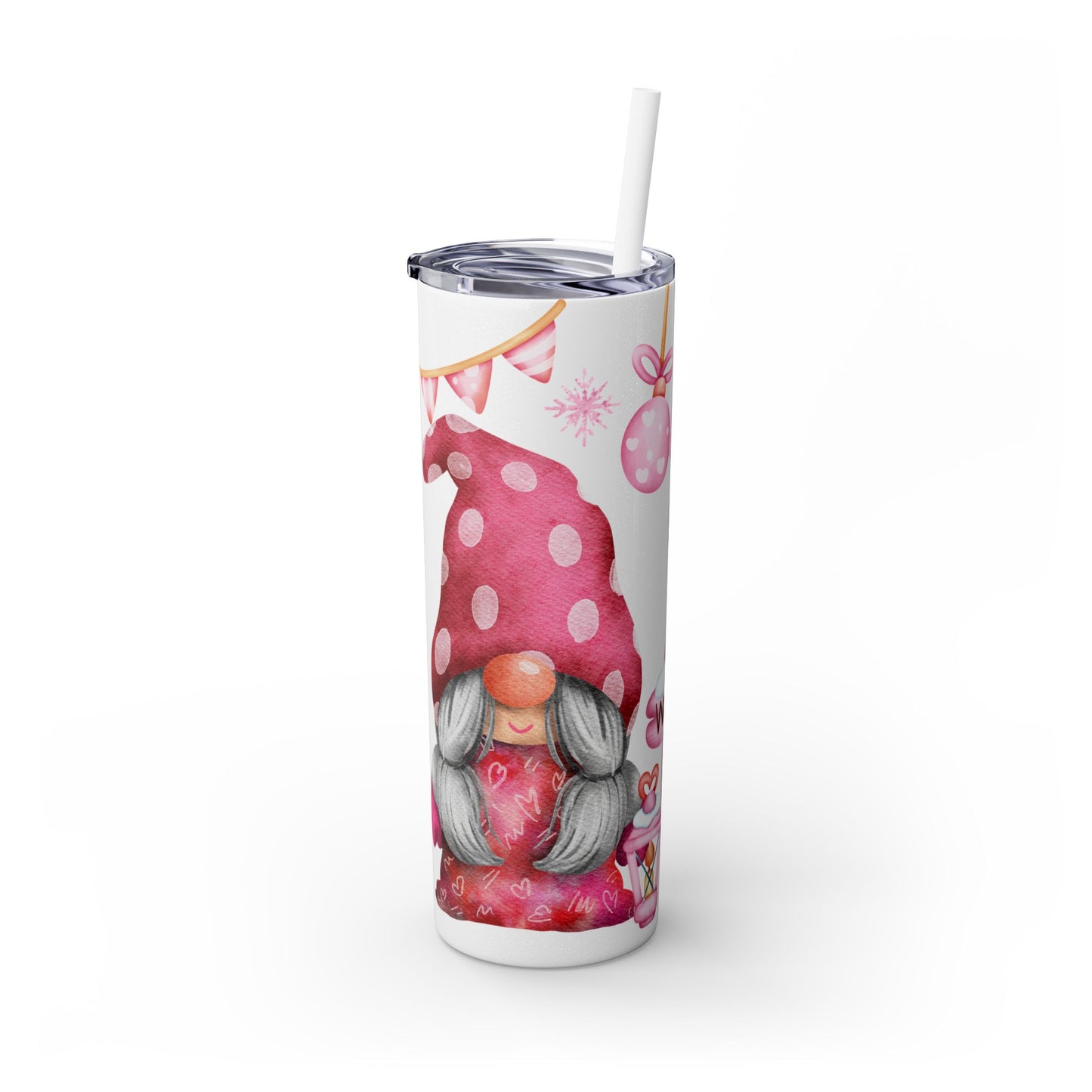 Scandinavian Pink Winter Gnome Skinny Tumbler with Straw - Cute Christmas Tumbler for Hot & Cold Drinks, 20oz