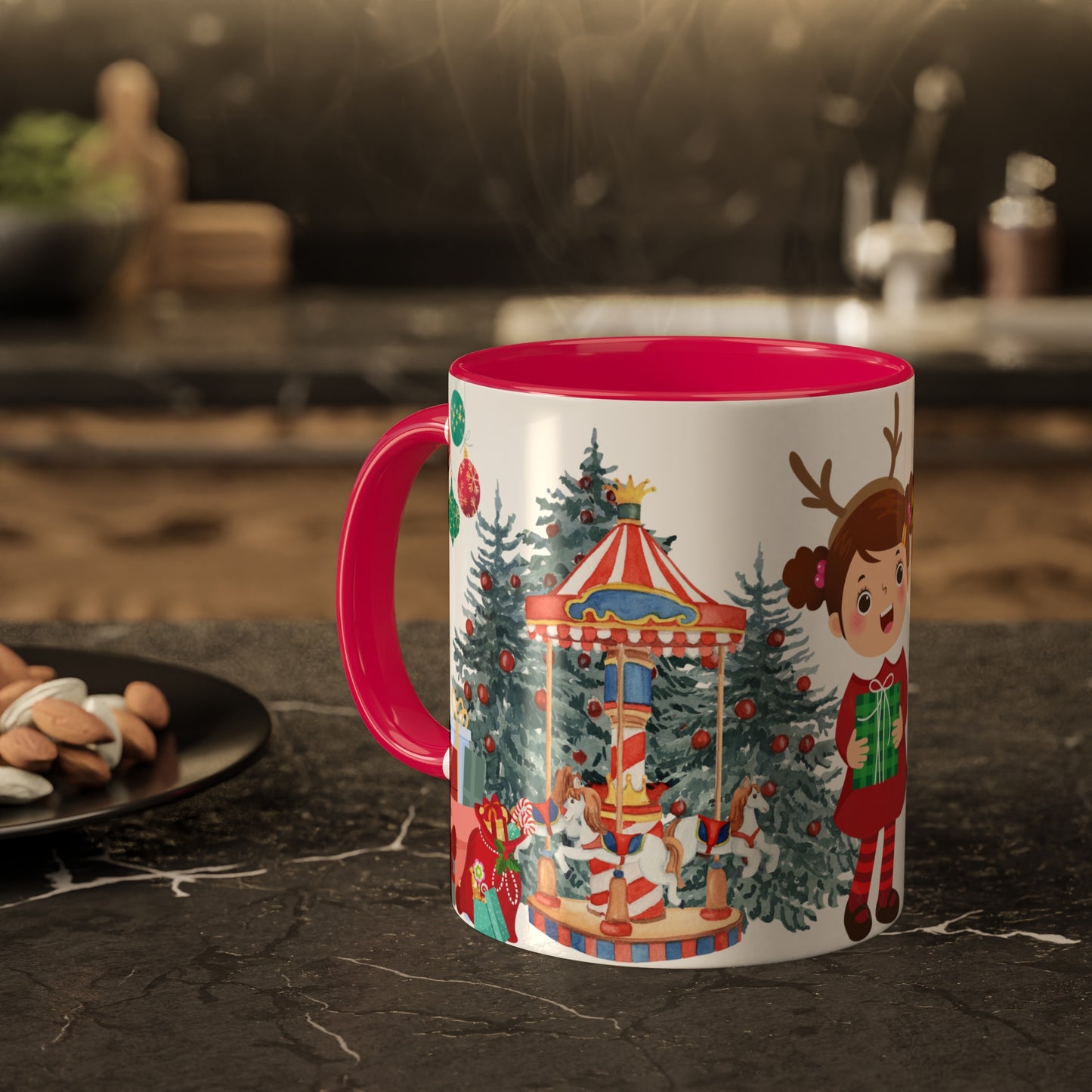 Cute Christmas Mug with Kids and Reindeer Design – Festive Holiday Coffee Cup