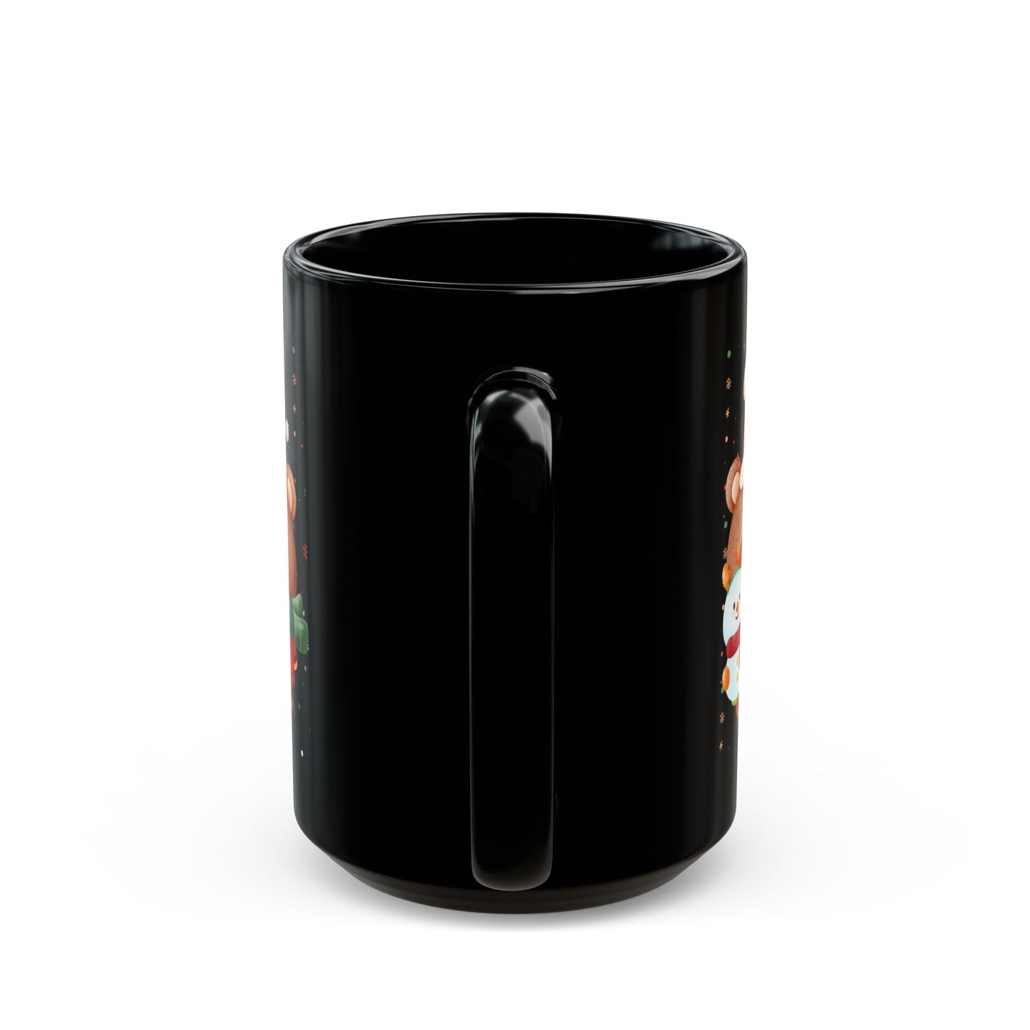 Black Christmas Mug with Adorable Bear and Snowman Design – Festive Holiday Coffee Cup