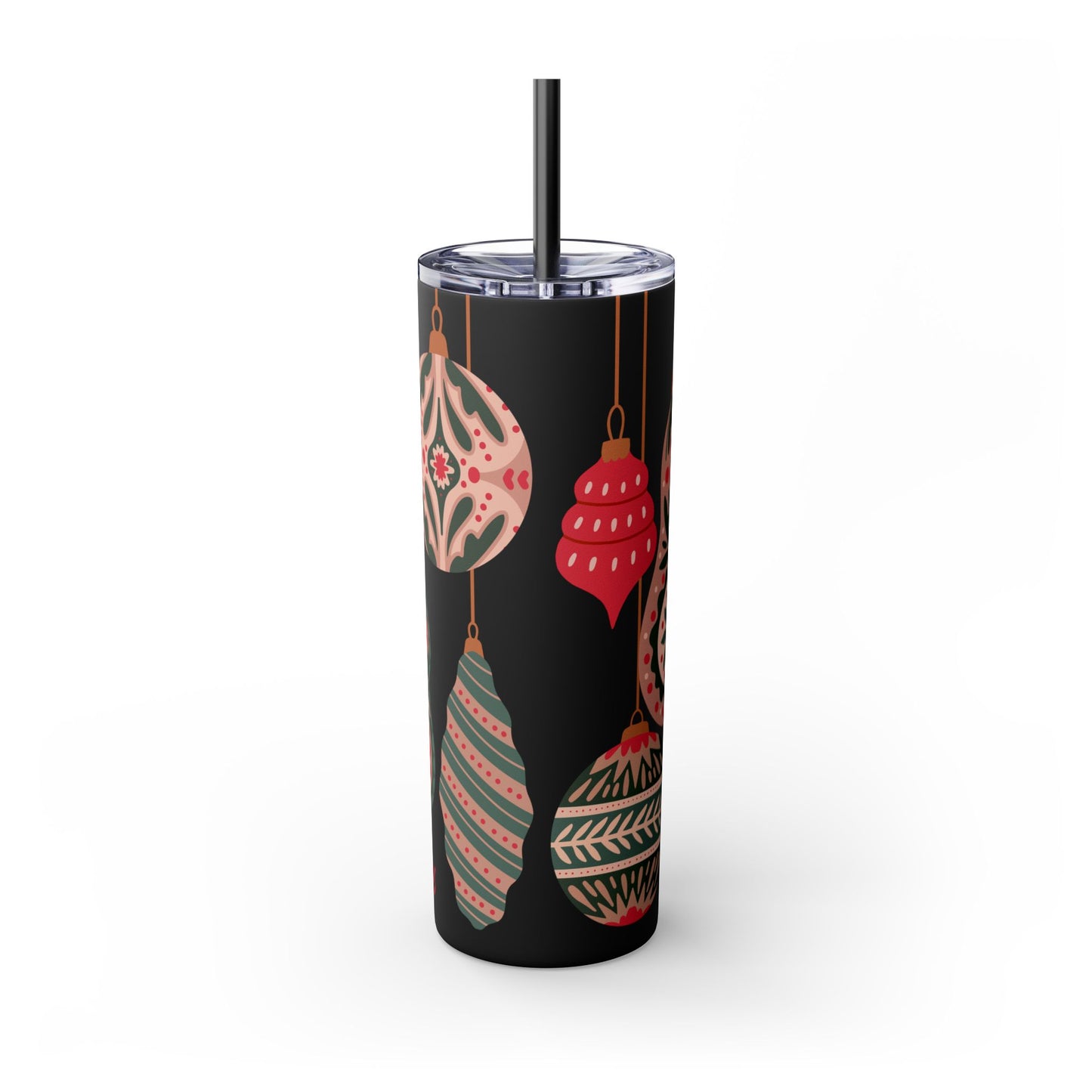 Scandinavian-Inspired Holiday Skinny Tumbler with Straw - Festive Ornaments Design, 20oz