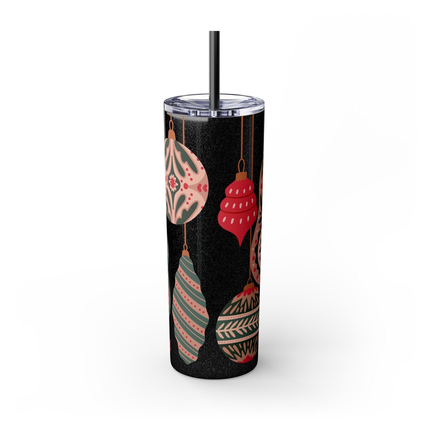 Scandinavian-Inspired Holiday Skinny Tumbler with Straw - Festive Ornaments Design, 20oz