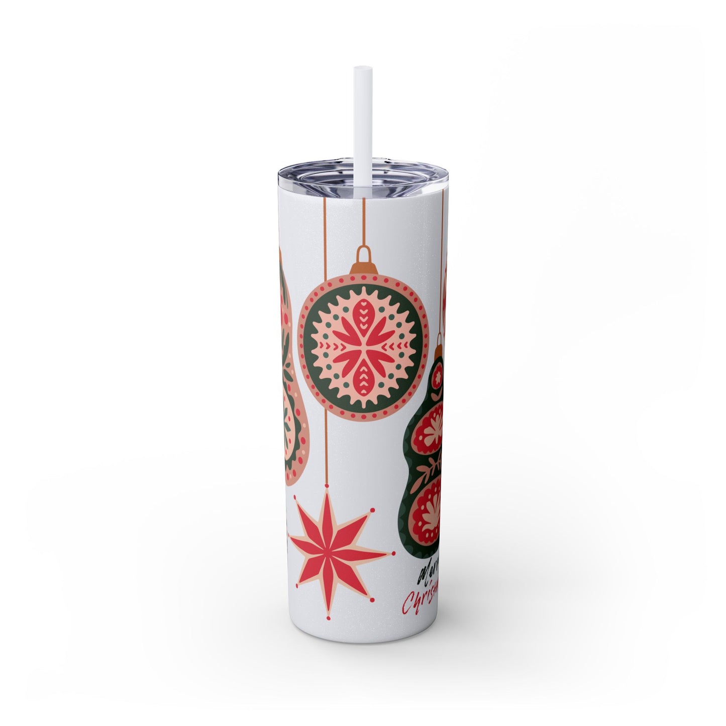 Scandinavian-Inspired Holiday Skinny Tumbler with Straw - Festive Ornaments Design, 20oz