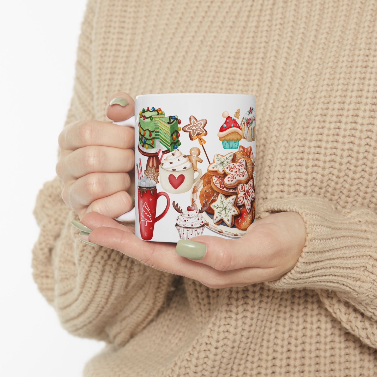 Festive Christmas Treats Mug – Holiday Coffee Cup with Cookies, Cakes, and Hot Cocoa Design, (11oz, 15oz)