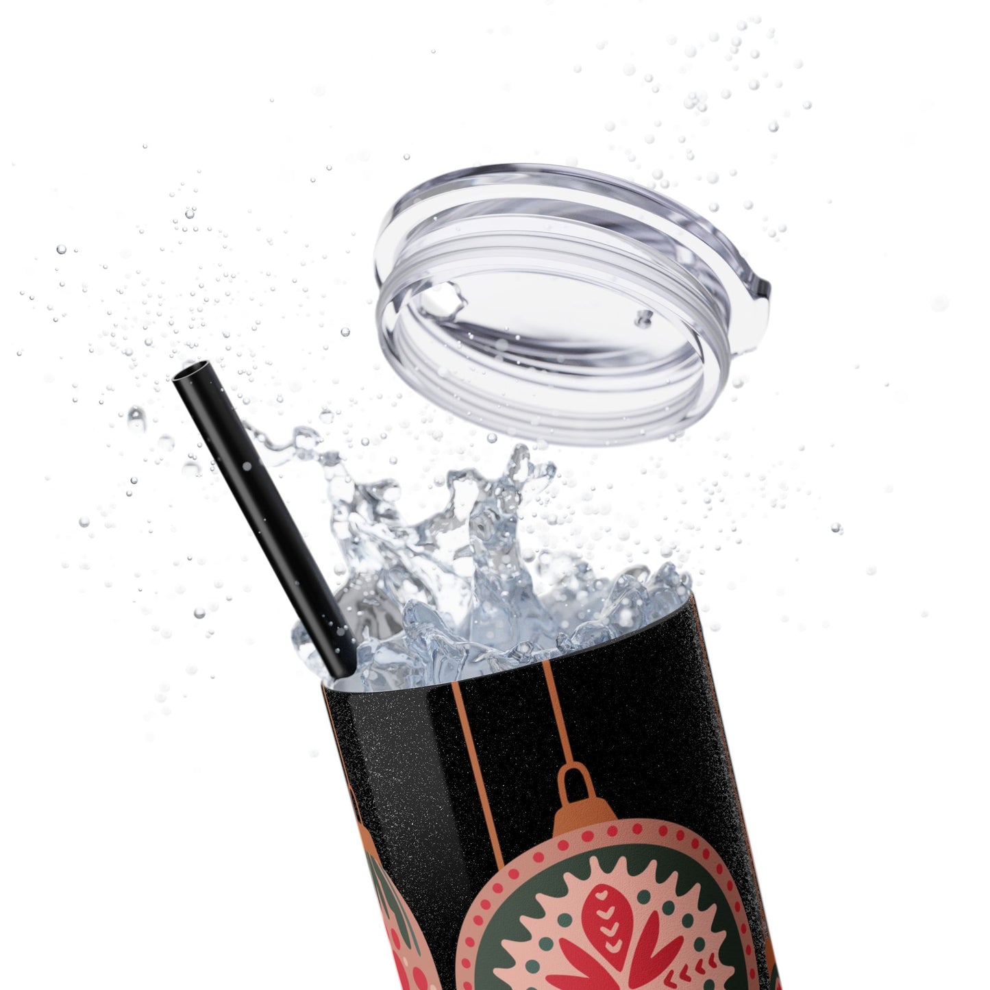 Scandinavian-Inspired Holiday Skinny Tumbler with Straw - Festive Ornaments Design, 20oz