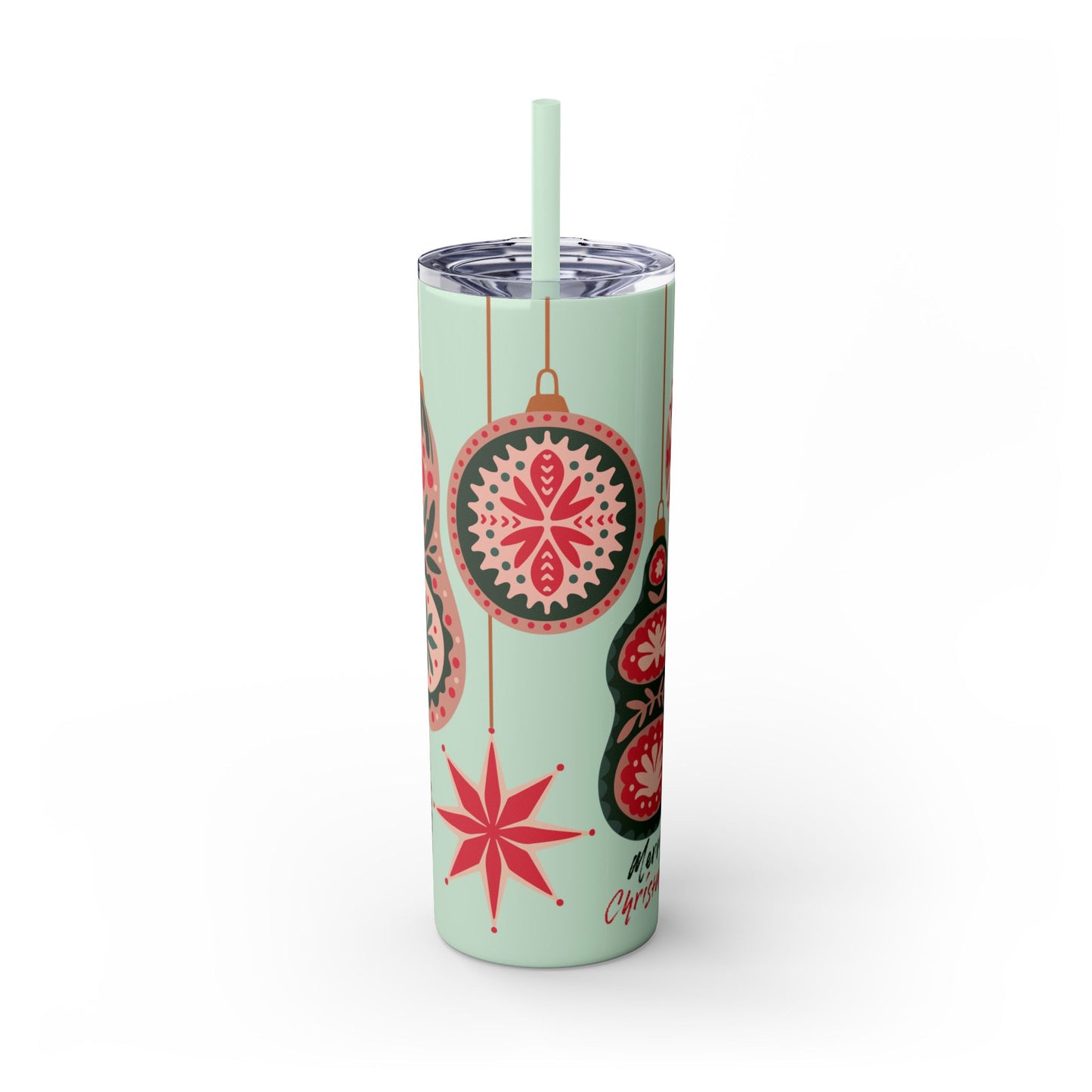 Scandinavian-Inspired Holiday Skinny Tumbler with Straw - Festive Ornaments Design, 20oz