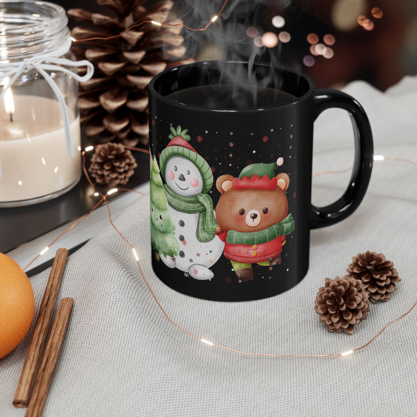 Black Christmas Mug with Adorable Bear and Snowman Design – Festive Holiday Coffee Cup