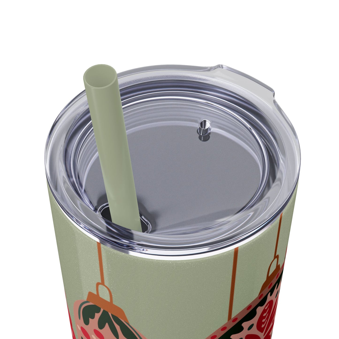 Scandinavian-Inspired Holiday Skinny Tumbler with Straw - Festive Ornaments Design, 20oz