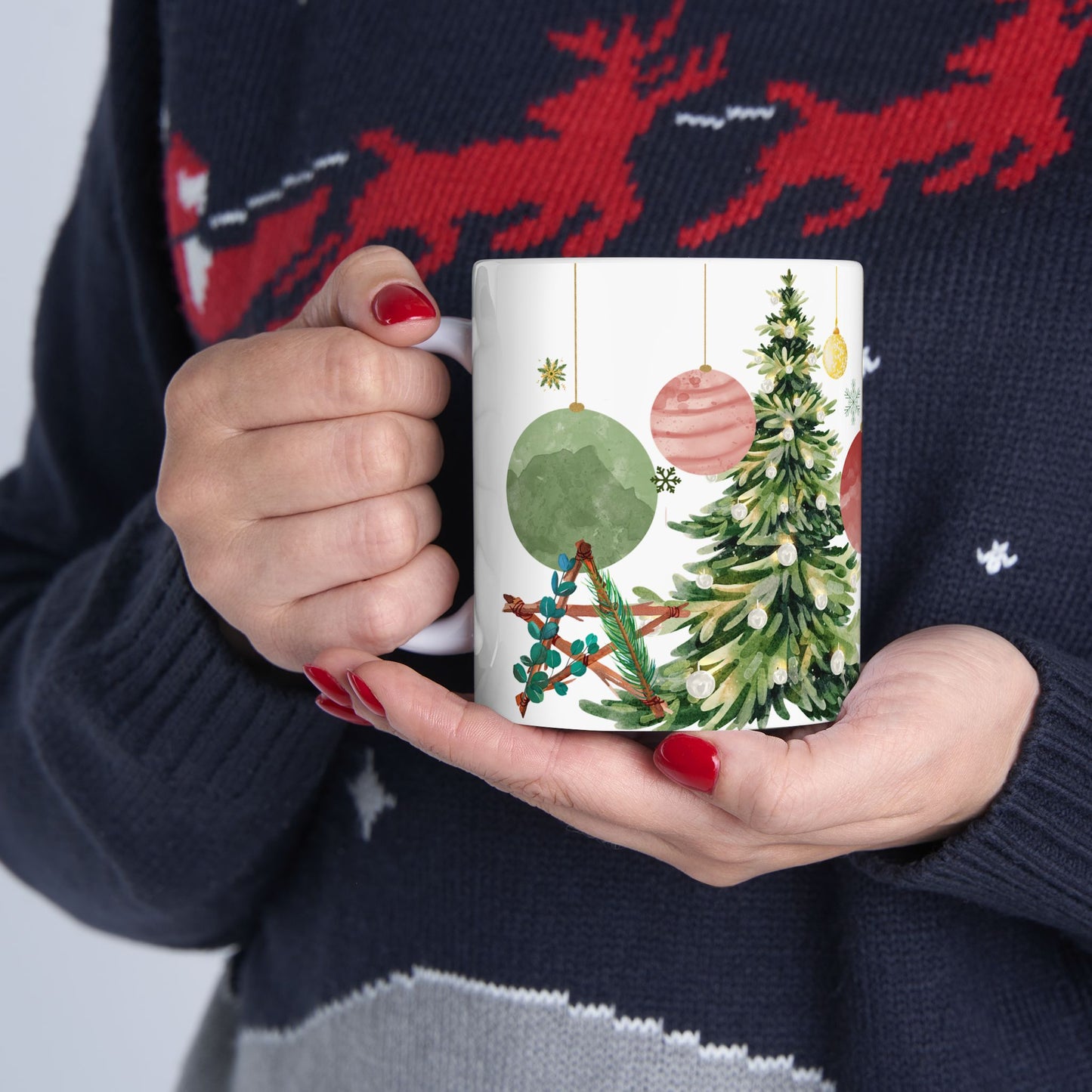 Watercolor Christmas Tree Mug – Festive Holiday Coffee Cup with Ornament Design, (11oz, 15oz)