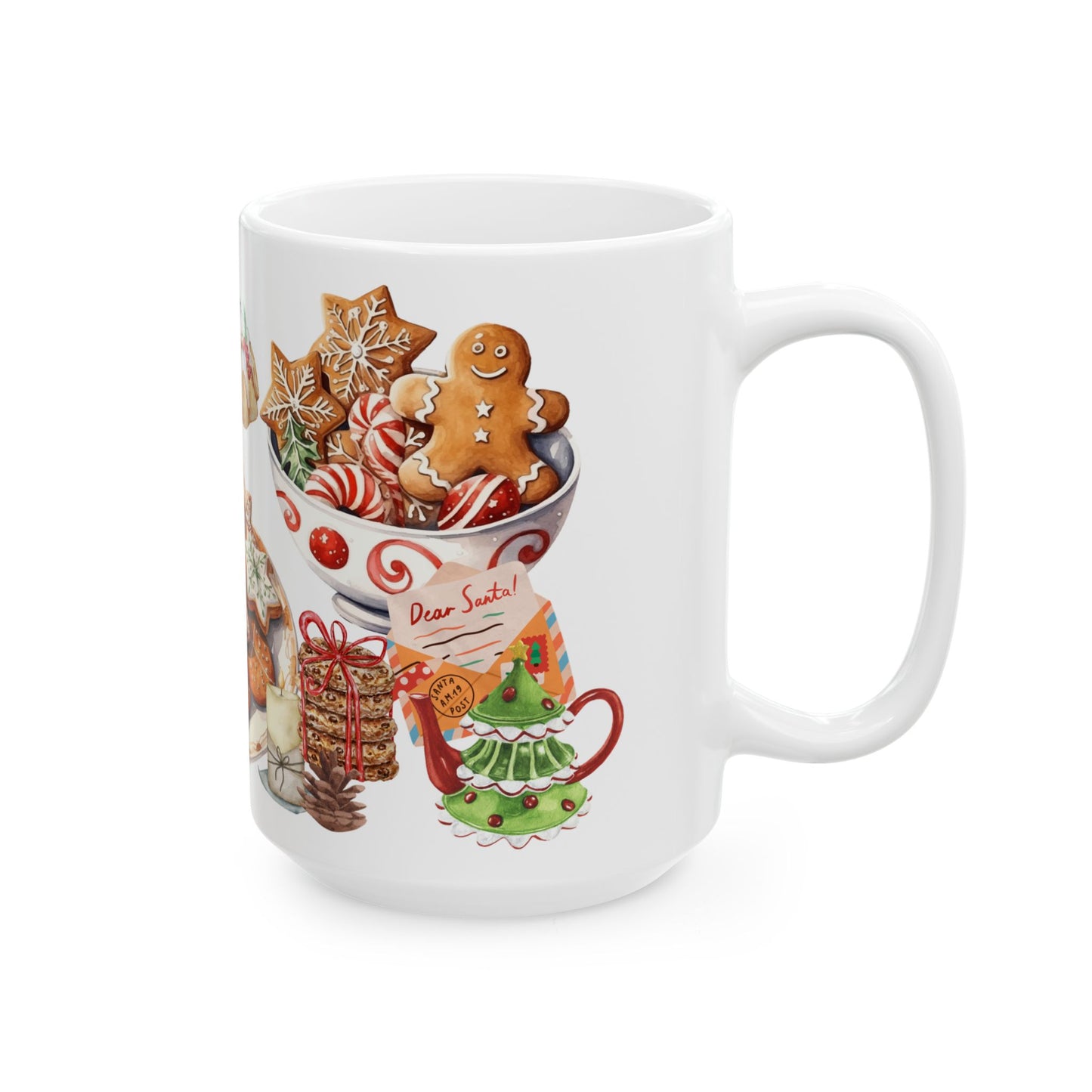 Festive Christmas Treats Mug – Holiday Coffee Cup with Cookies, Cakes, and Hot Cocoa Design, (11oz, 15oz)