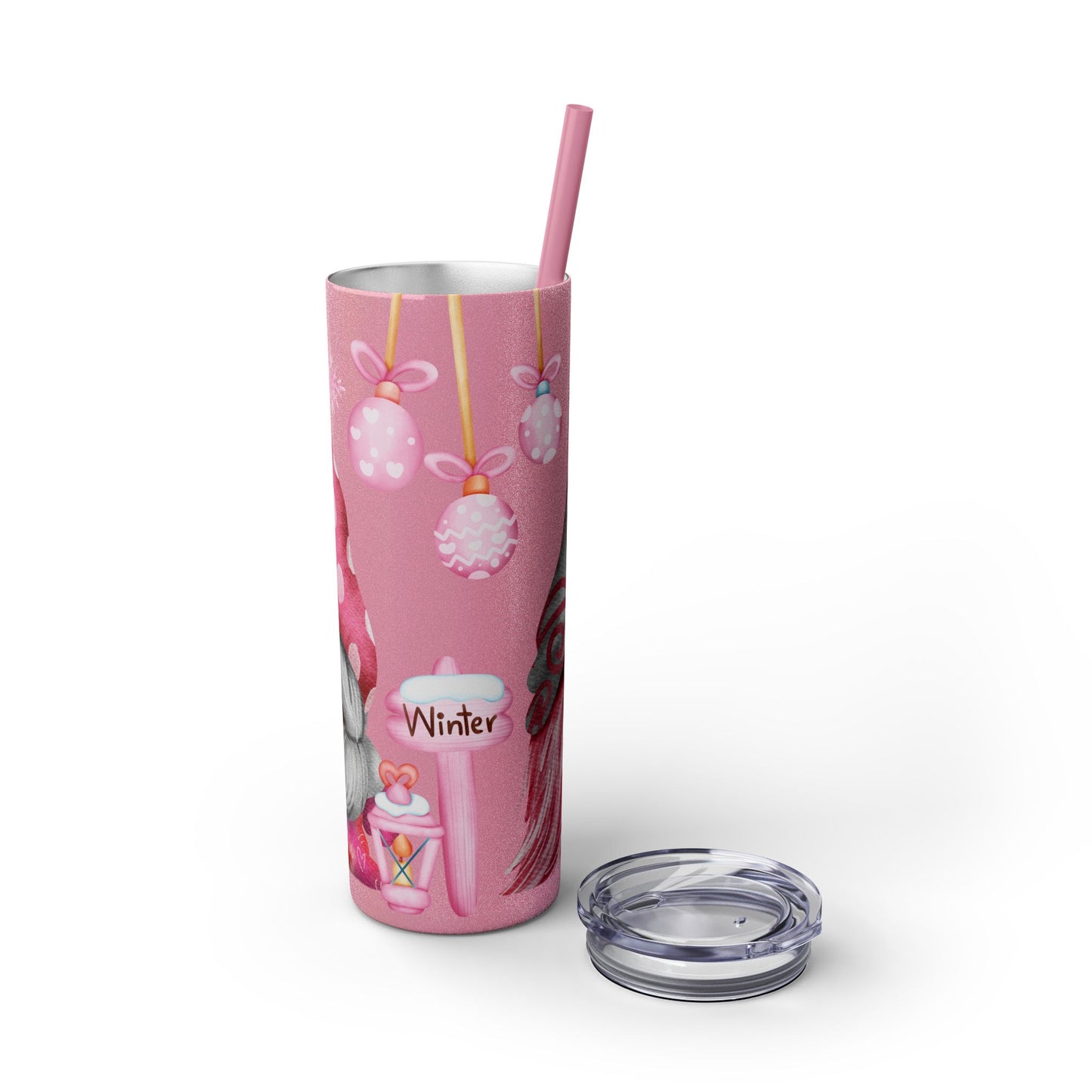 Scandinavian Pink Winter Gnome Skinny Tumbler with Straw - Cute Christmas Tumbler for Hot & Cold Drinks, 20oz