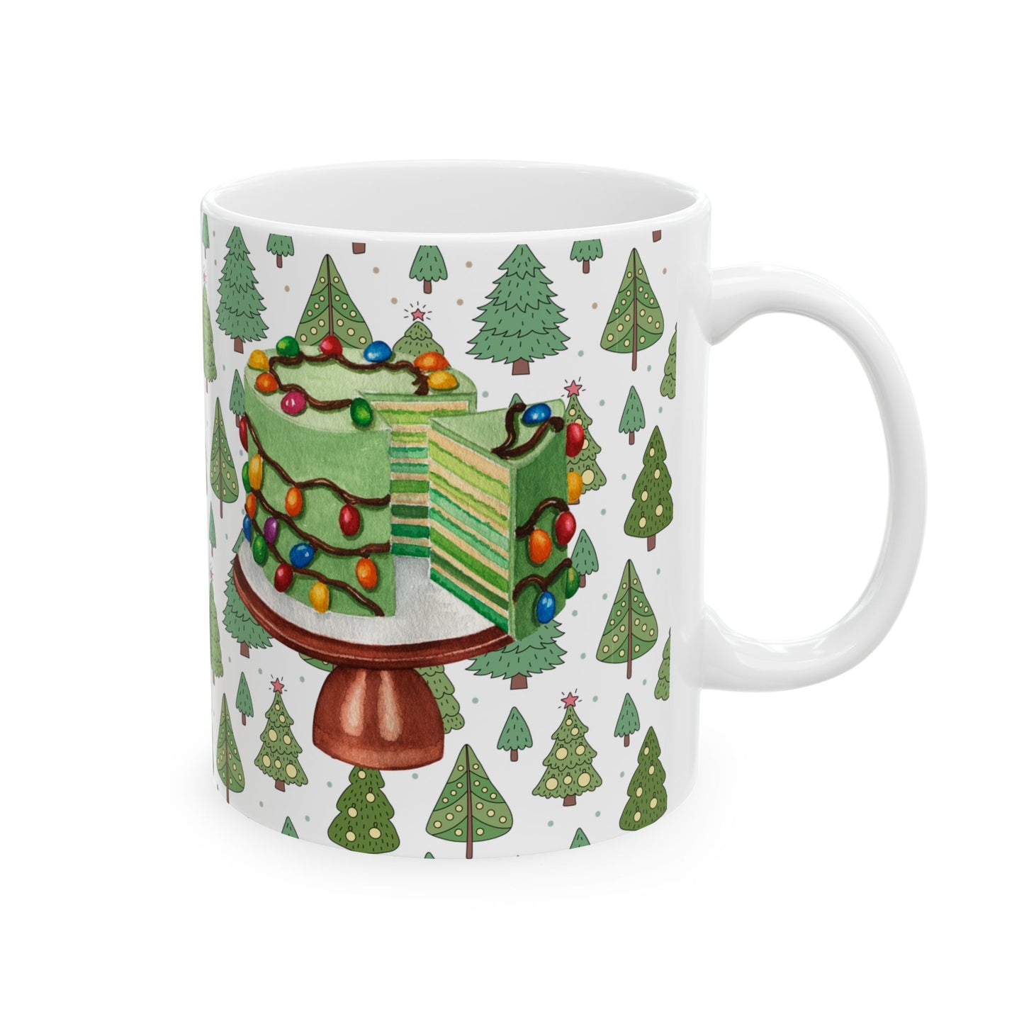 Christmas Mug with Festive Layer Cake and Holiday Tree Design – Perfect for Seasonal Cheer