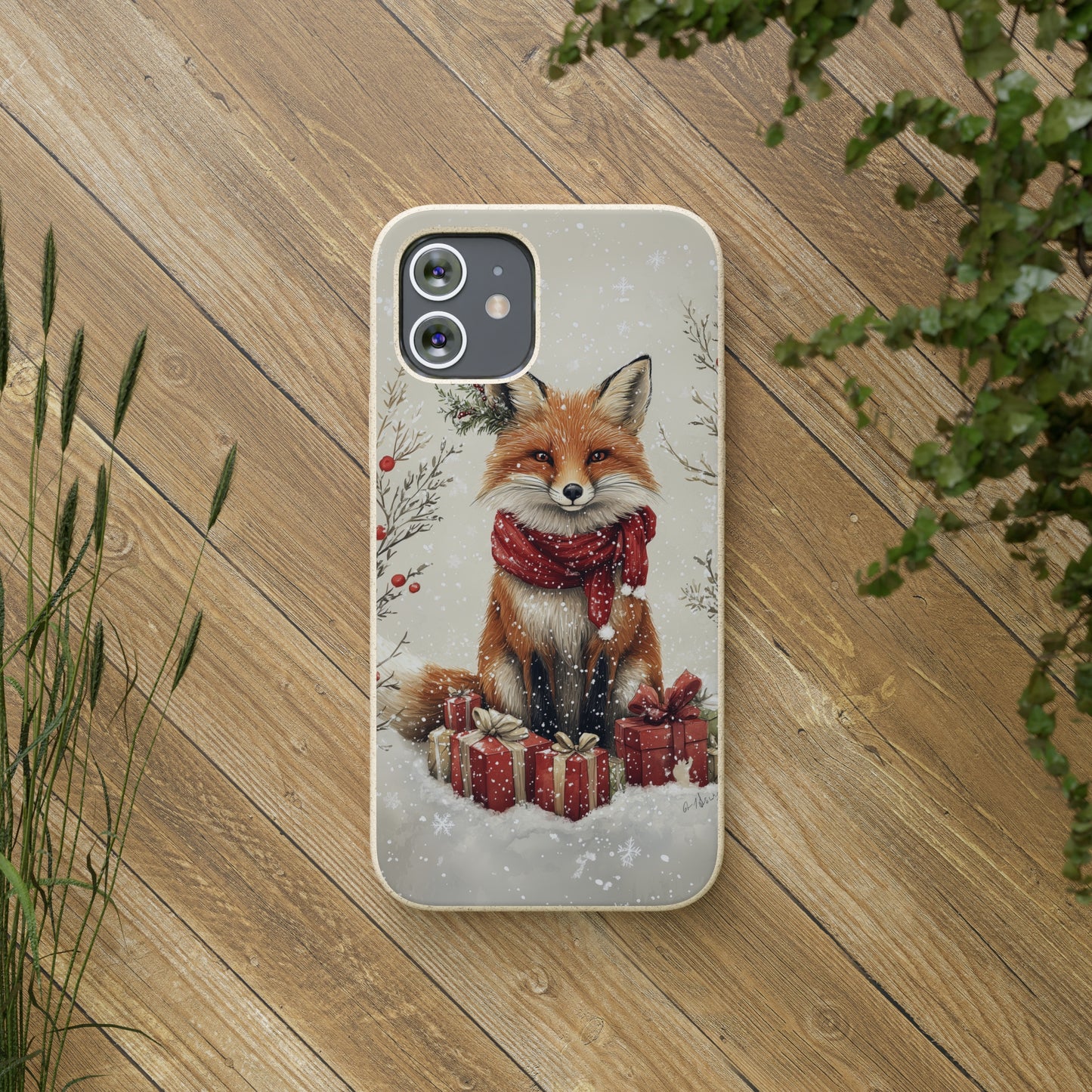 Christmas Fox Phone Case – Festive Holiday Design with Cute Fox and Gift Boxes - Biodegradable Cases