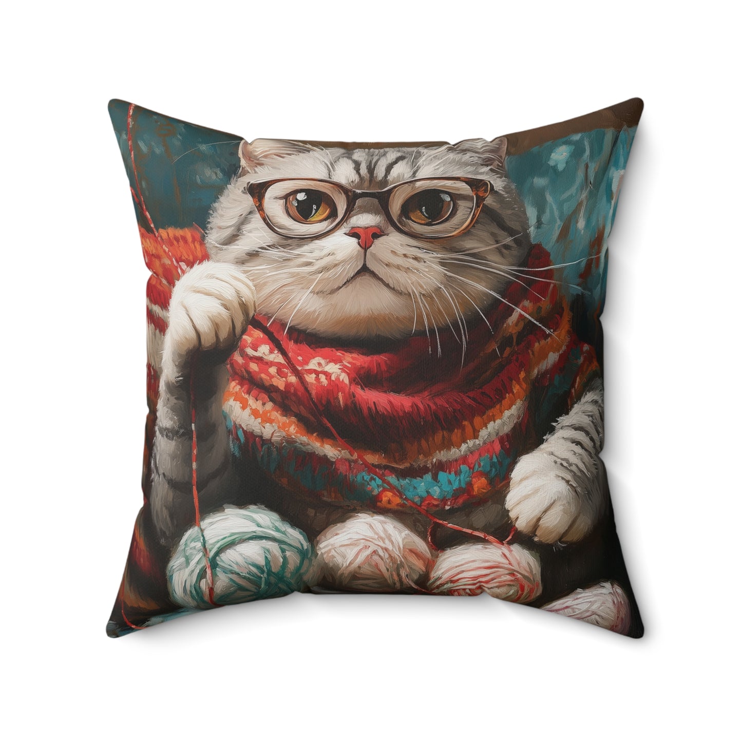 Spun Polyester Square Pillow Scottish Fold Knitting Peacefully on Couch