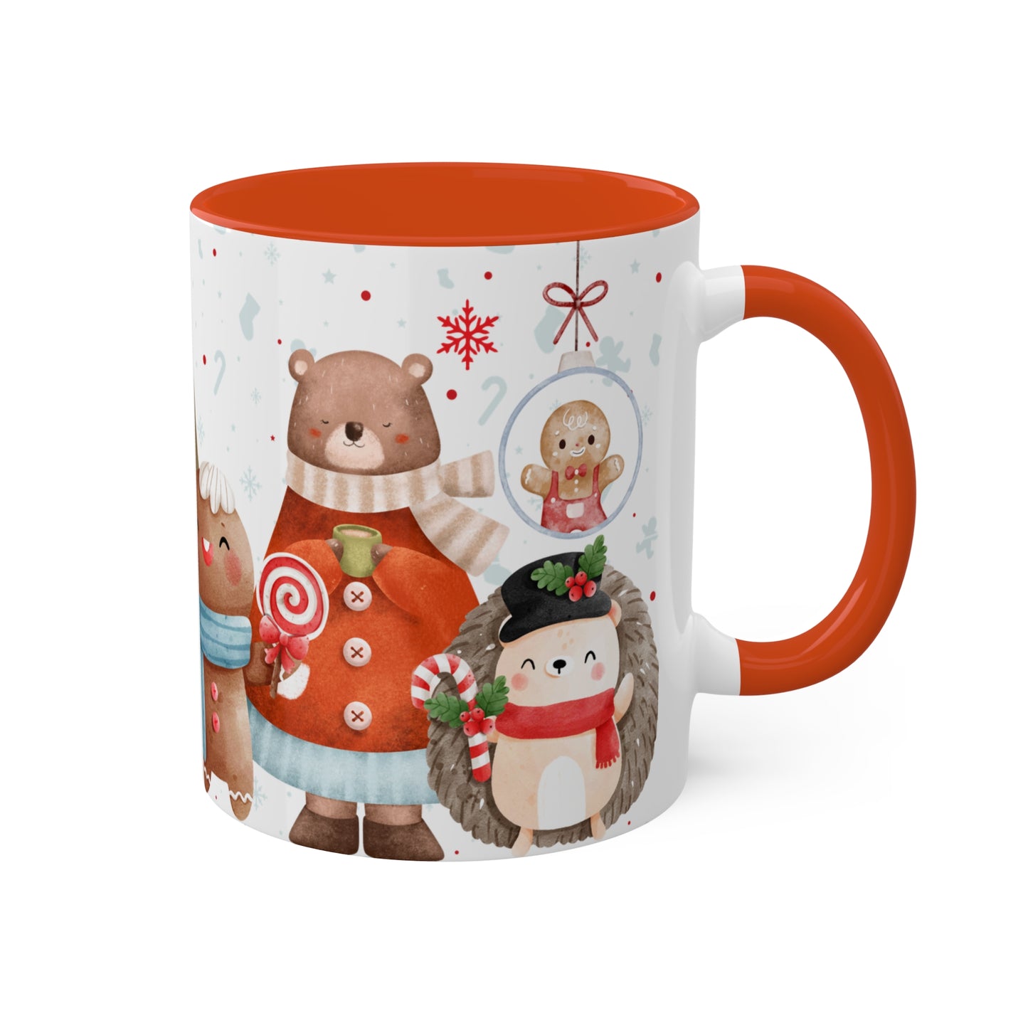 Festive Christmas Mug with Adorable Bear, Hedgehog, and Gingerbread Design – Holiday Coffee Cup