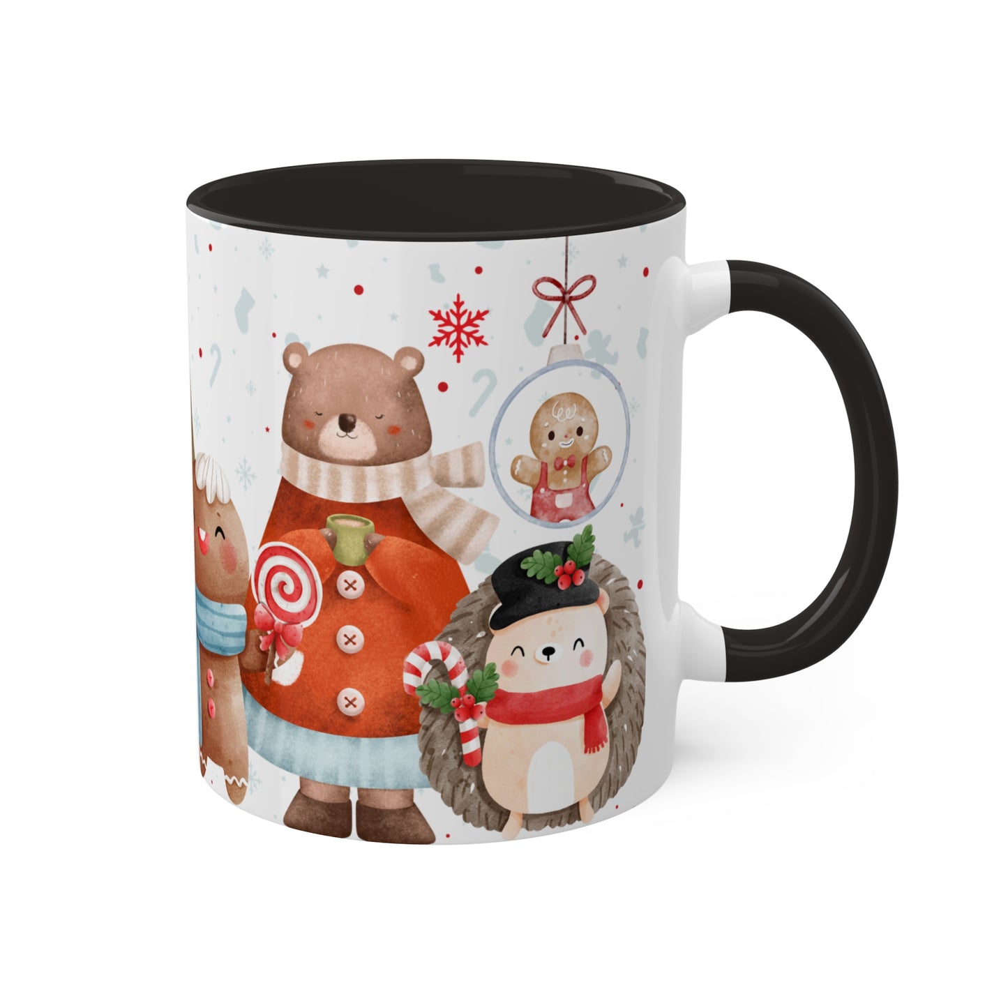 Festive Christmas Mug with Adorable Bear, Hedgehog, and Gingerbread Design – Holiday Coffee Cup