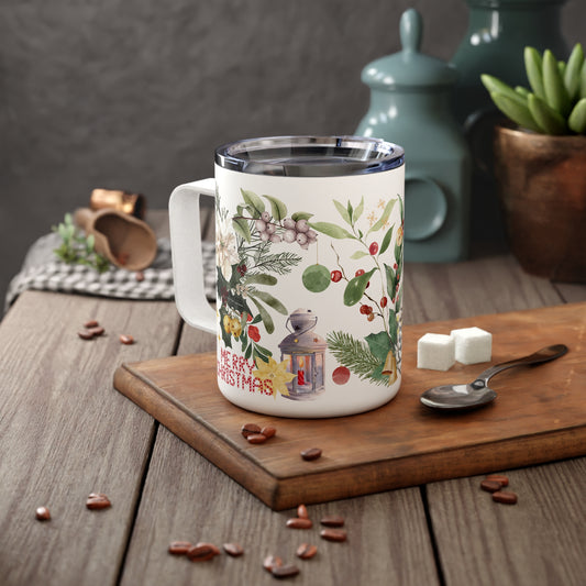 Botanical Christmas Mug with Rustic Lantern Design – Double-Walled Insulated Mug, 10oz