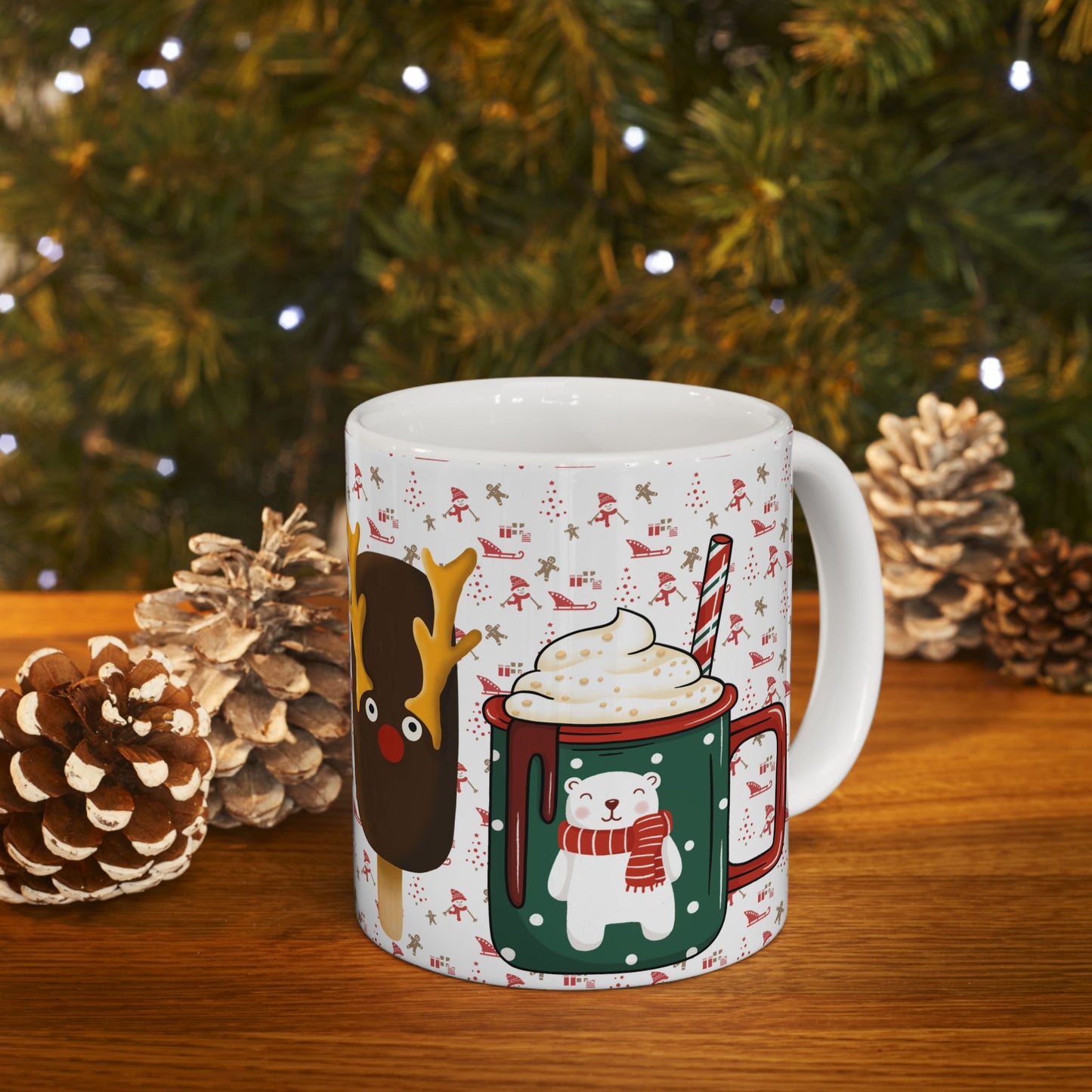 Festive Christmas Mug with Holiday Treats and Cute Characters – Perfect for Winter Beverages