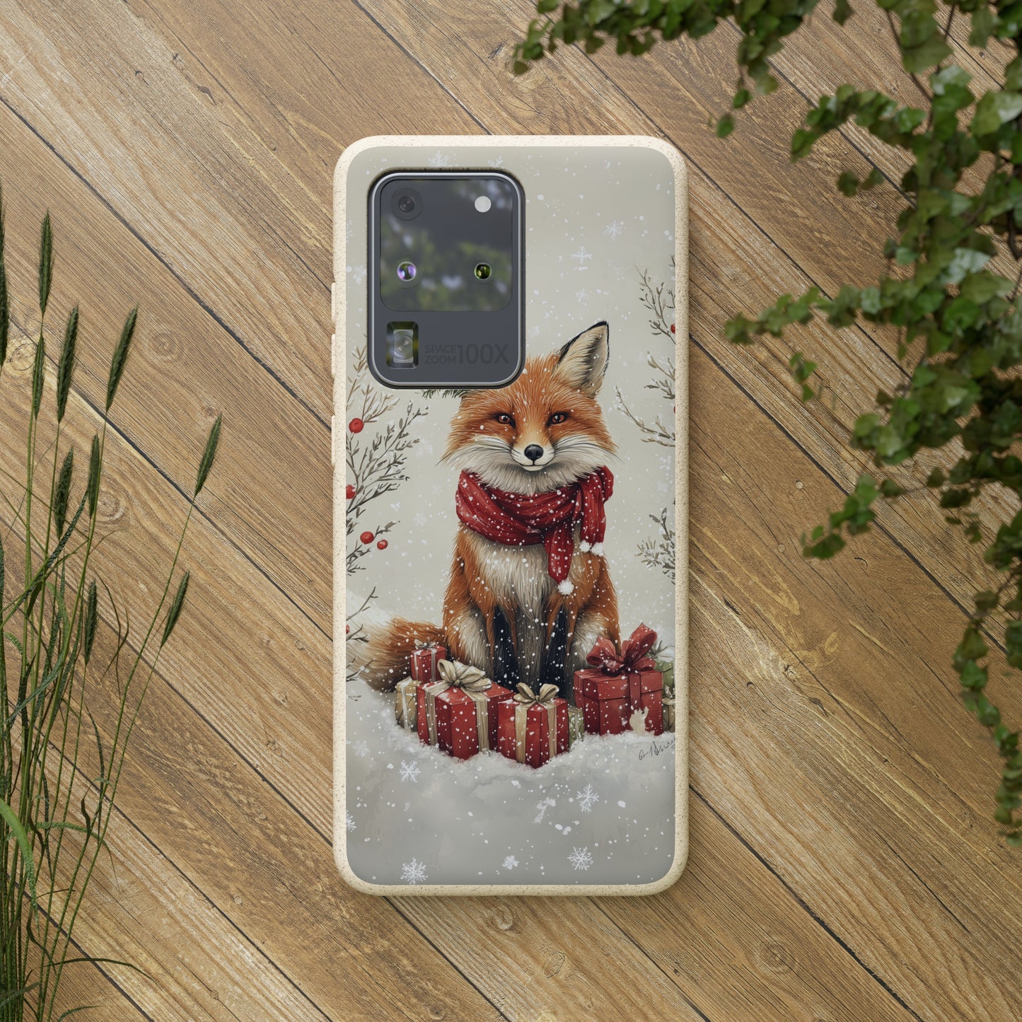 Christmas Fox Phone Case – Festive Holiday Design with Cute Fox and Gift Boxes - Biodegradable Cases