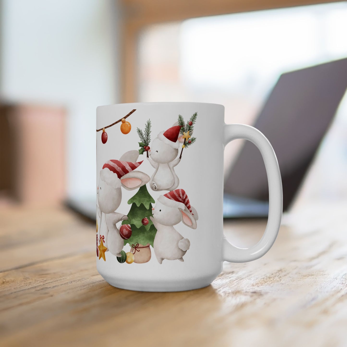 "Merry Christmas" Bunny Mug – Festive Holiday Coffee Cup with Cute Rabbit Design, (11oz, 15oz)