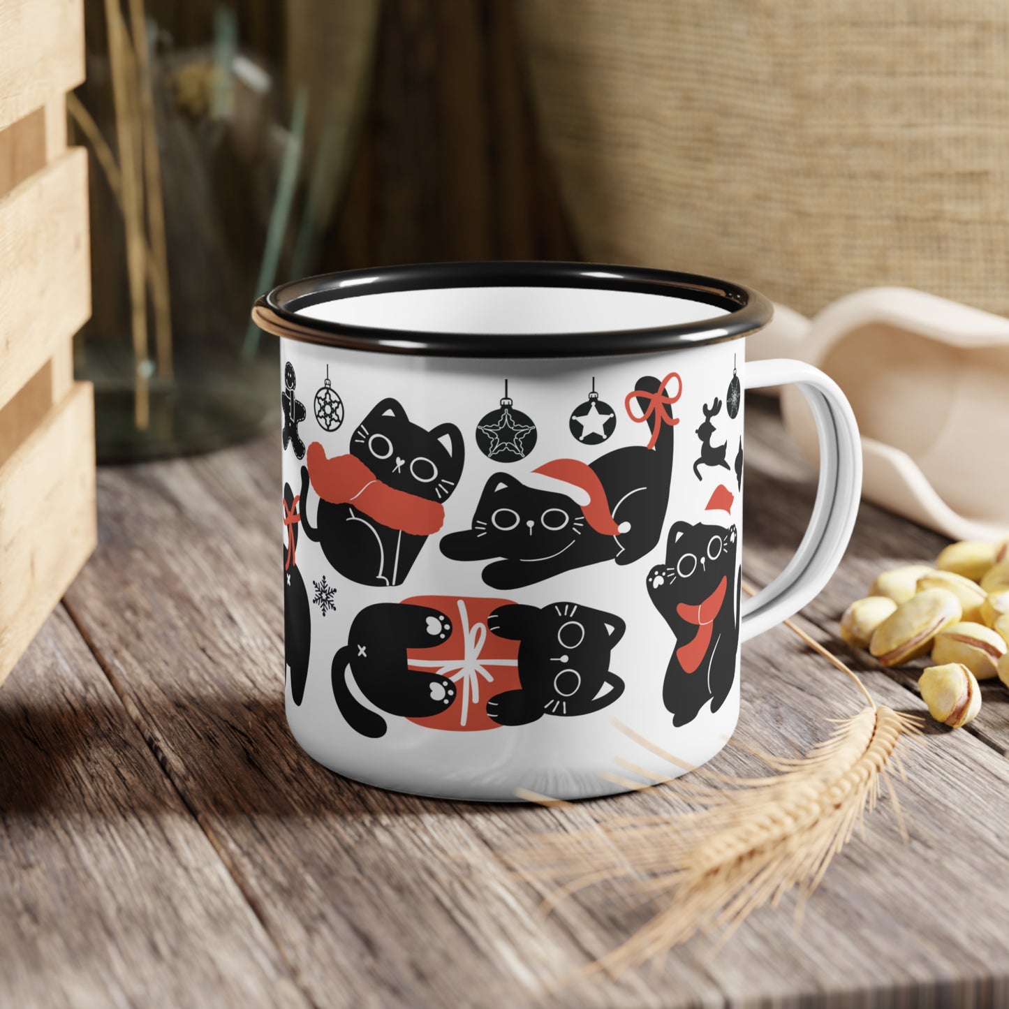 Christmas Cat Enamel Mug – Festive Holiday Design with Adorable Black Cats