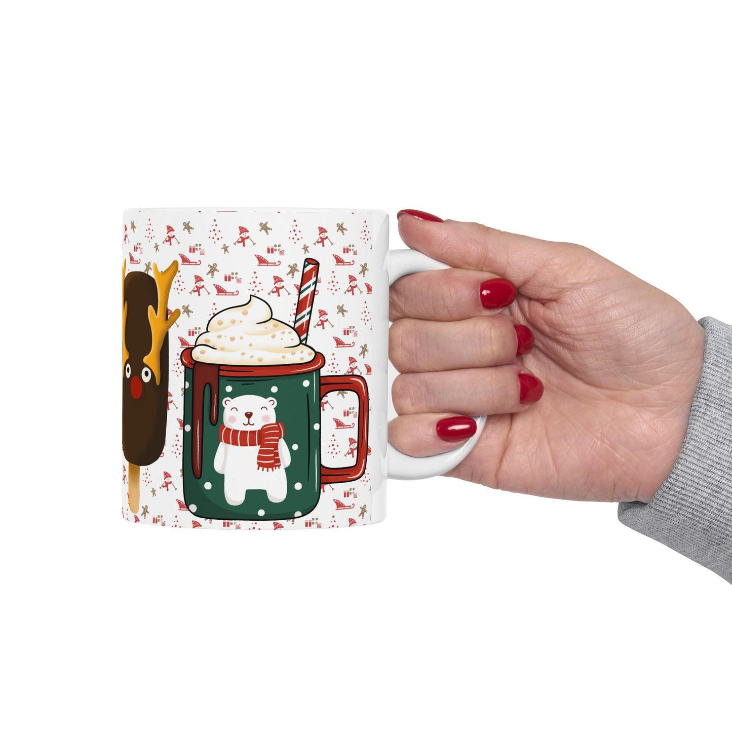 Festive Christmas Mug with Holiday Treats and Cute Characters – Perfect for Winter Beverages