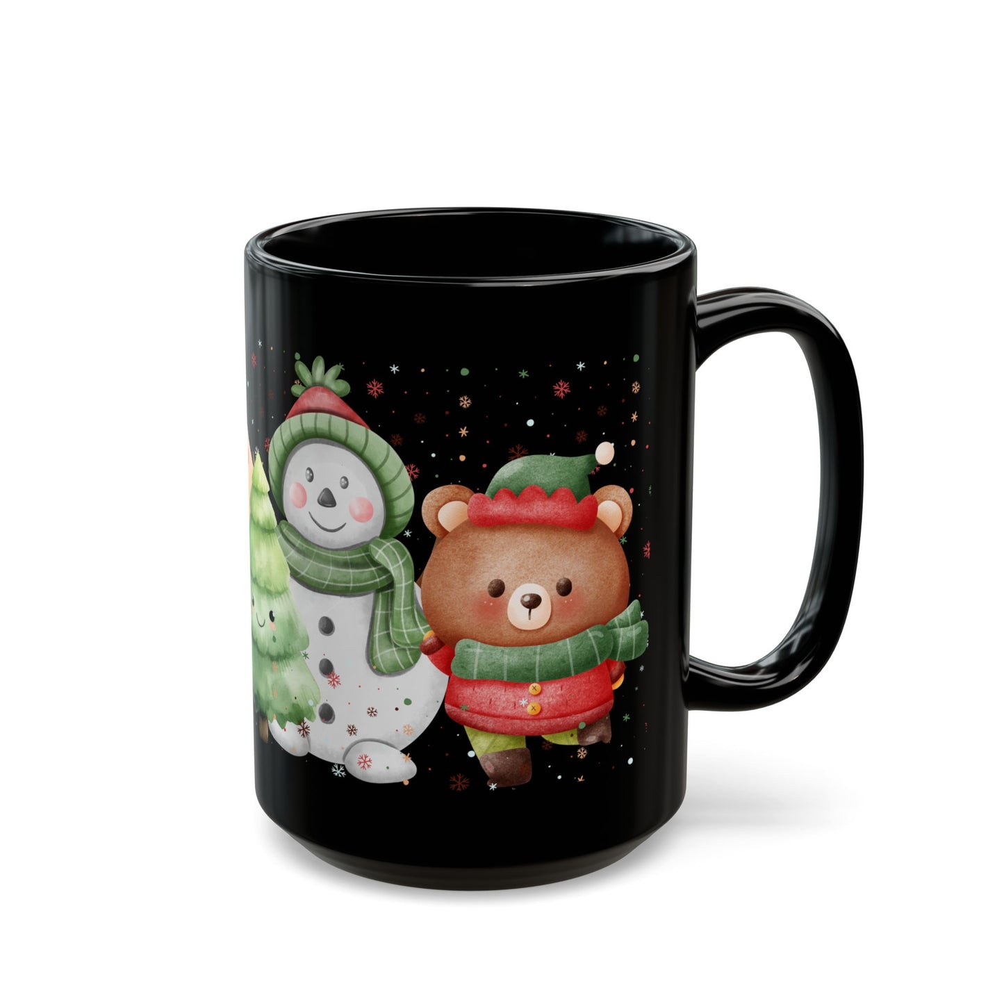 Black Christmas Mug with Adorable Bear and Snowman Design – Festive Holiday Coffee Cup