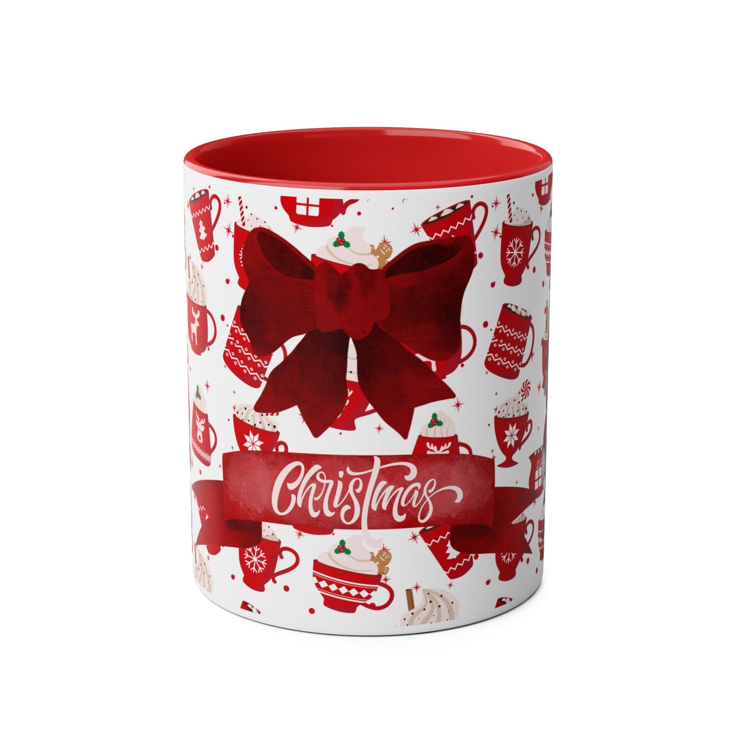 Red Christmas Mug with Bow and Festive Pattern – Perfect Holiday Gift 11oz