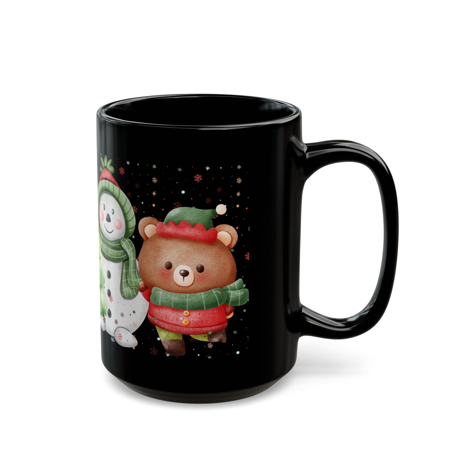 Black Christmas Mug with Adorable Bear and Snowman Design – Festive Holiday Coffee Cup