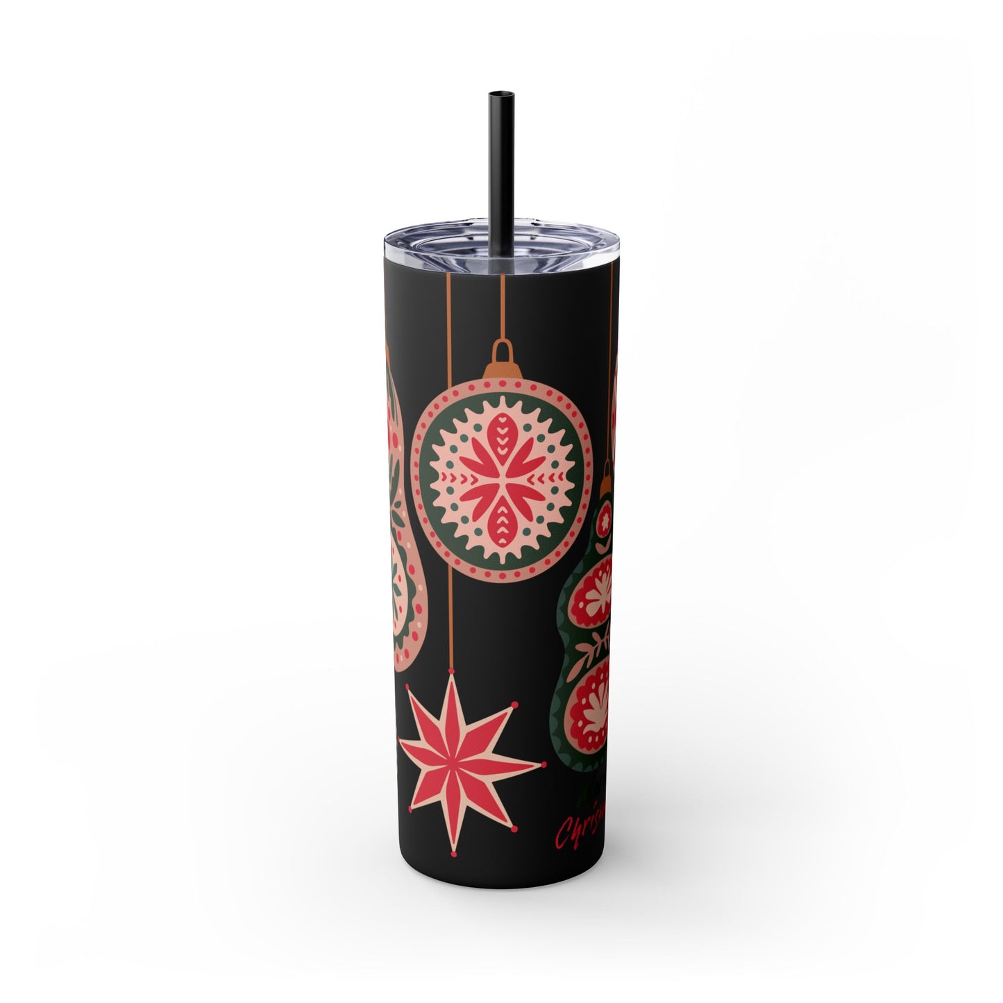 Scandinavian-Inspired Holiday Skinny Tumbler with Straw - Festive Ornaments Design, 20oz