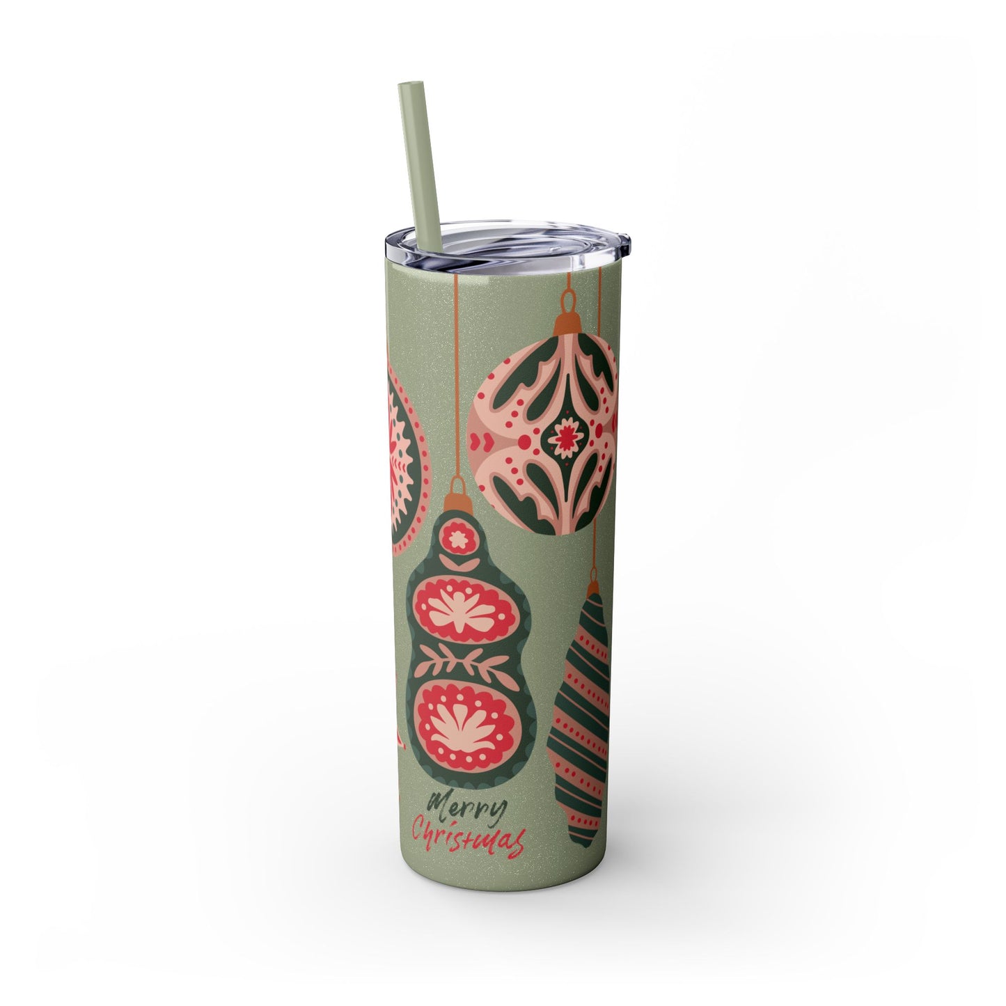 Scandinavian-Inspired Holiday Skinny Tumbler with Straw - Festive Ornaments Design, 20oz