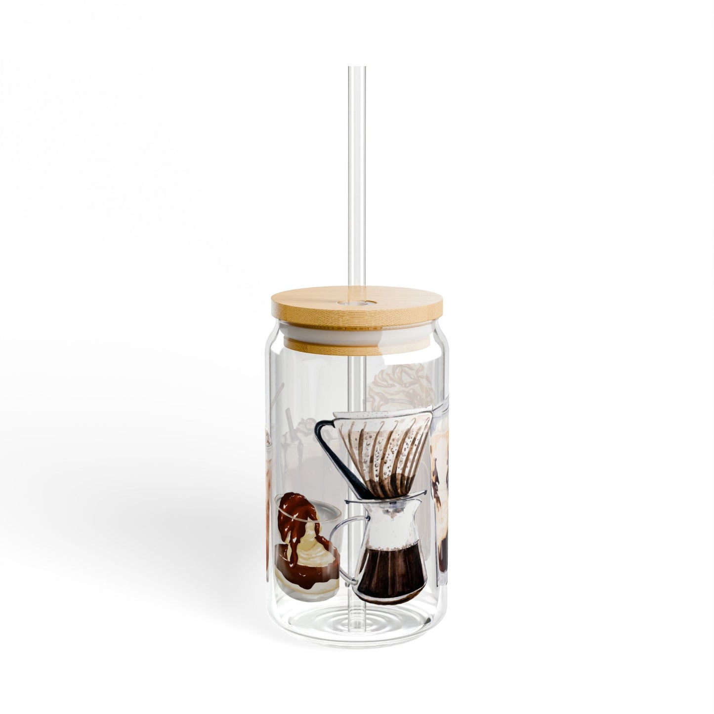 Eco-Friendly Glass Tumbler with Bamboo Lid & Straw – Coffee Brewing Art Design, 16oz