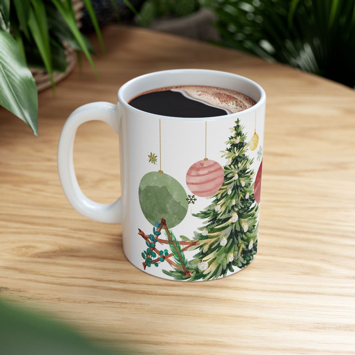 Watercolor Christmas Tree Mug – Festive Holiday Coffee Cup with Ornament Design, (11oz, 15oz)