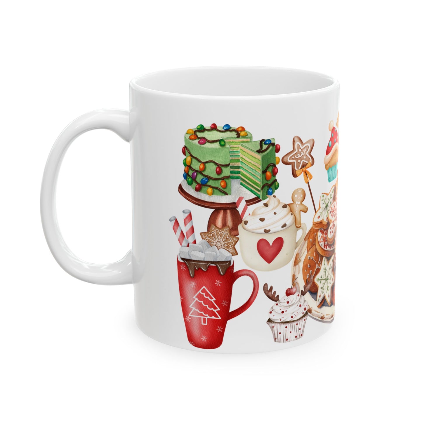 Festive Christmas Treats Mug – Holiday Coffee Cup with Cookies, Cakes, and Hot Cocoa Design, (11oz, 15oz)