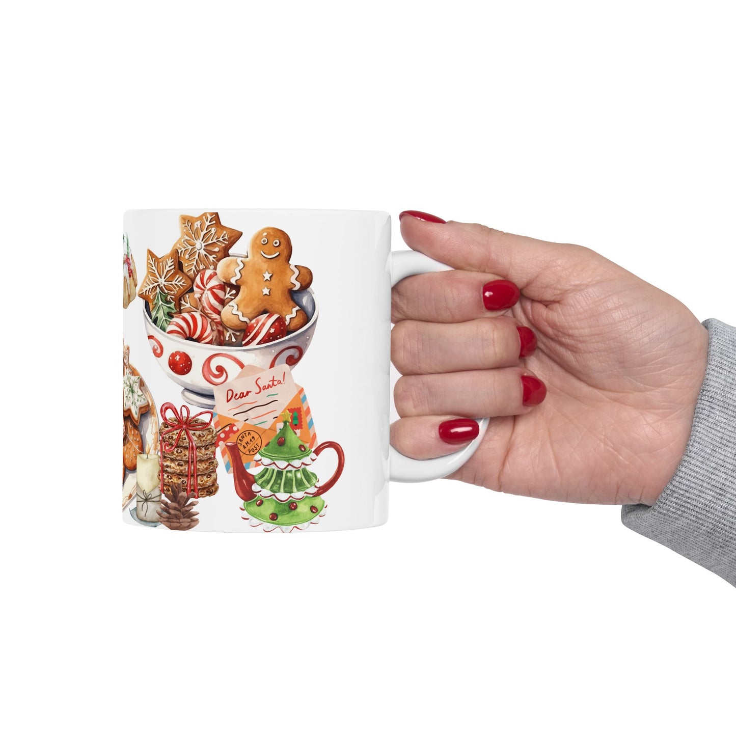 Festive Christmas Treats Mug – Holiday Coffee Cup with Cookies, Cakes, and Hot Cocoa Design, (11oz, 15oz)