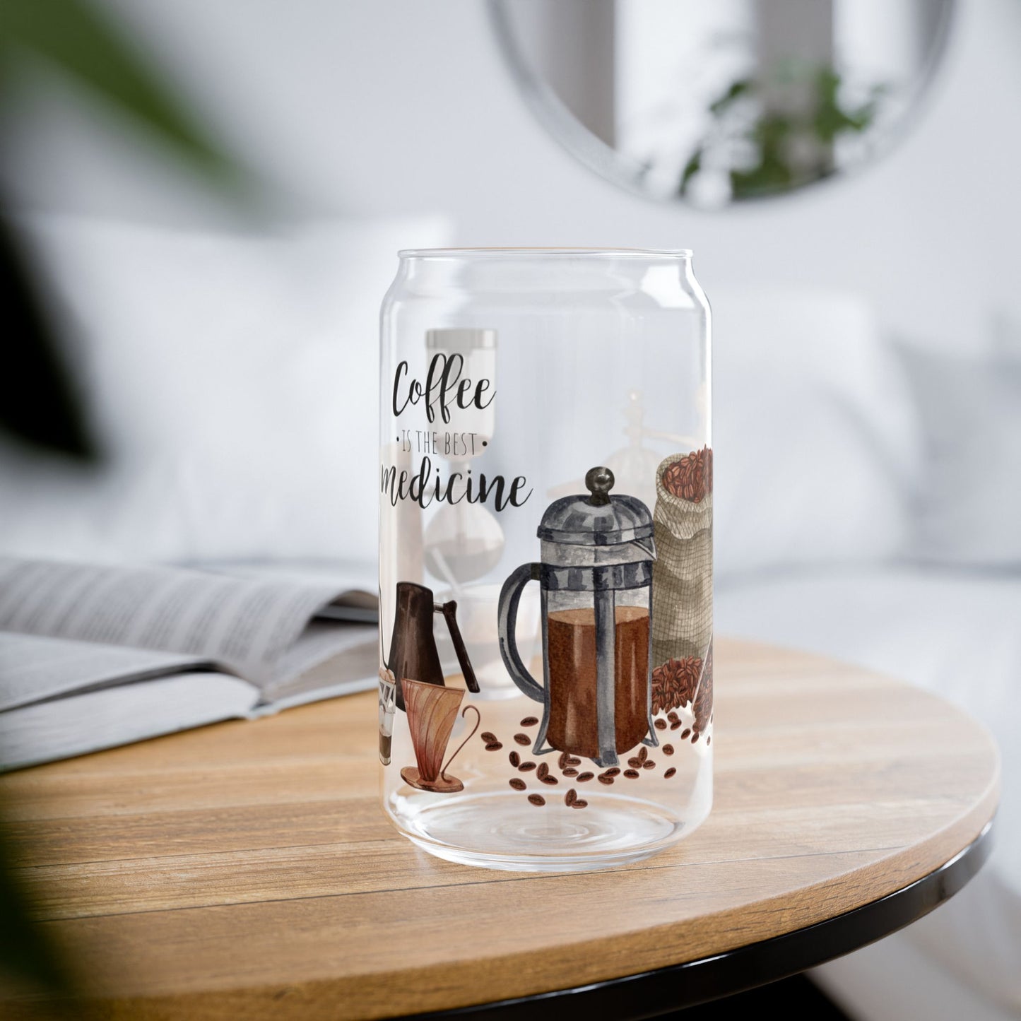 Coffee Is the Best Medicine" Glass Tumbler with Bamboo Lid & Straw – Eco-Friendly Drinkware, 16oz