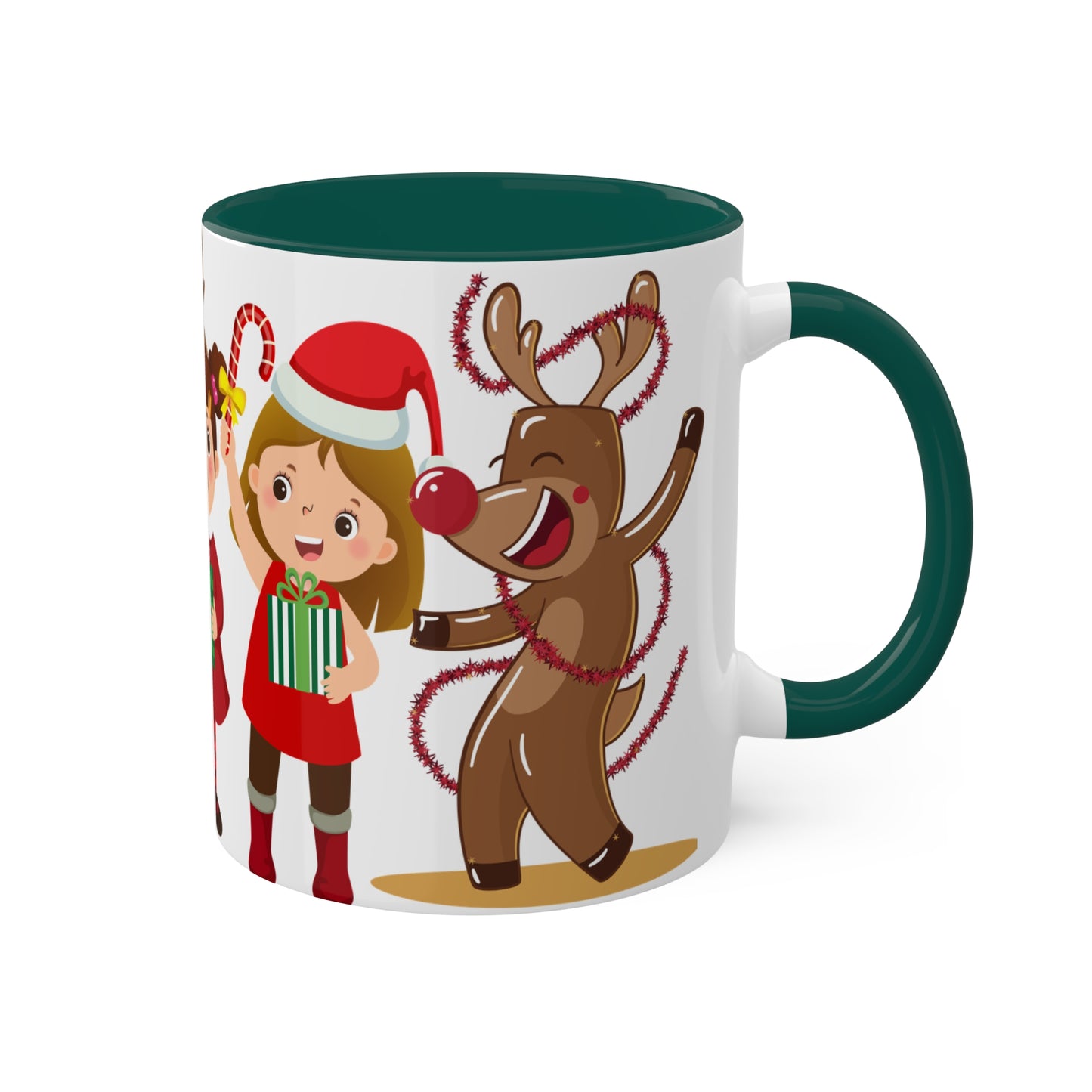 Cute Christmas Mug with Kids and Reindeer Design – Festive Holiday Coffee Cup