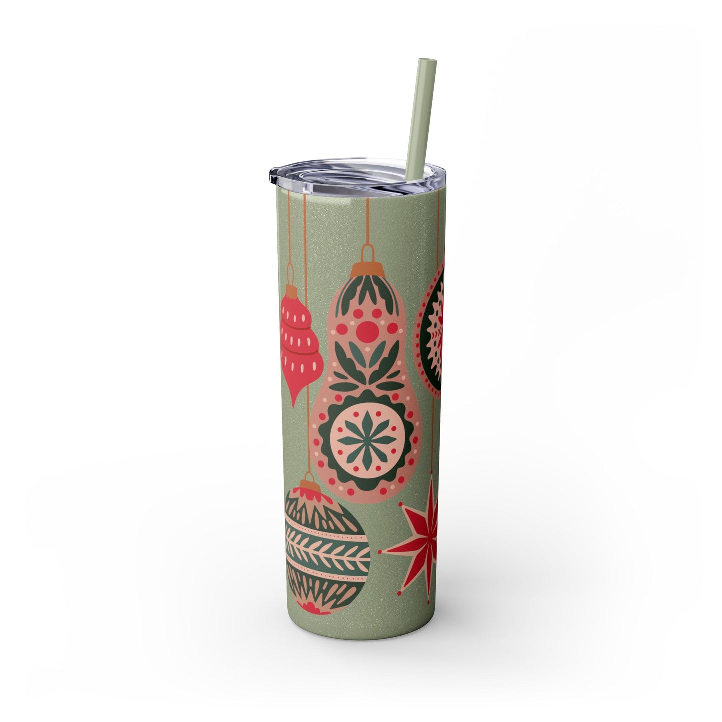 Scandinavian-Inspired Holiday Skinny Tumbler with Straw - Festive Ornaments Design, 20oz