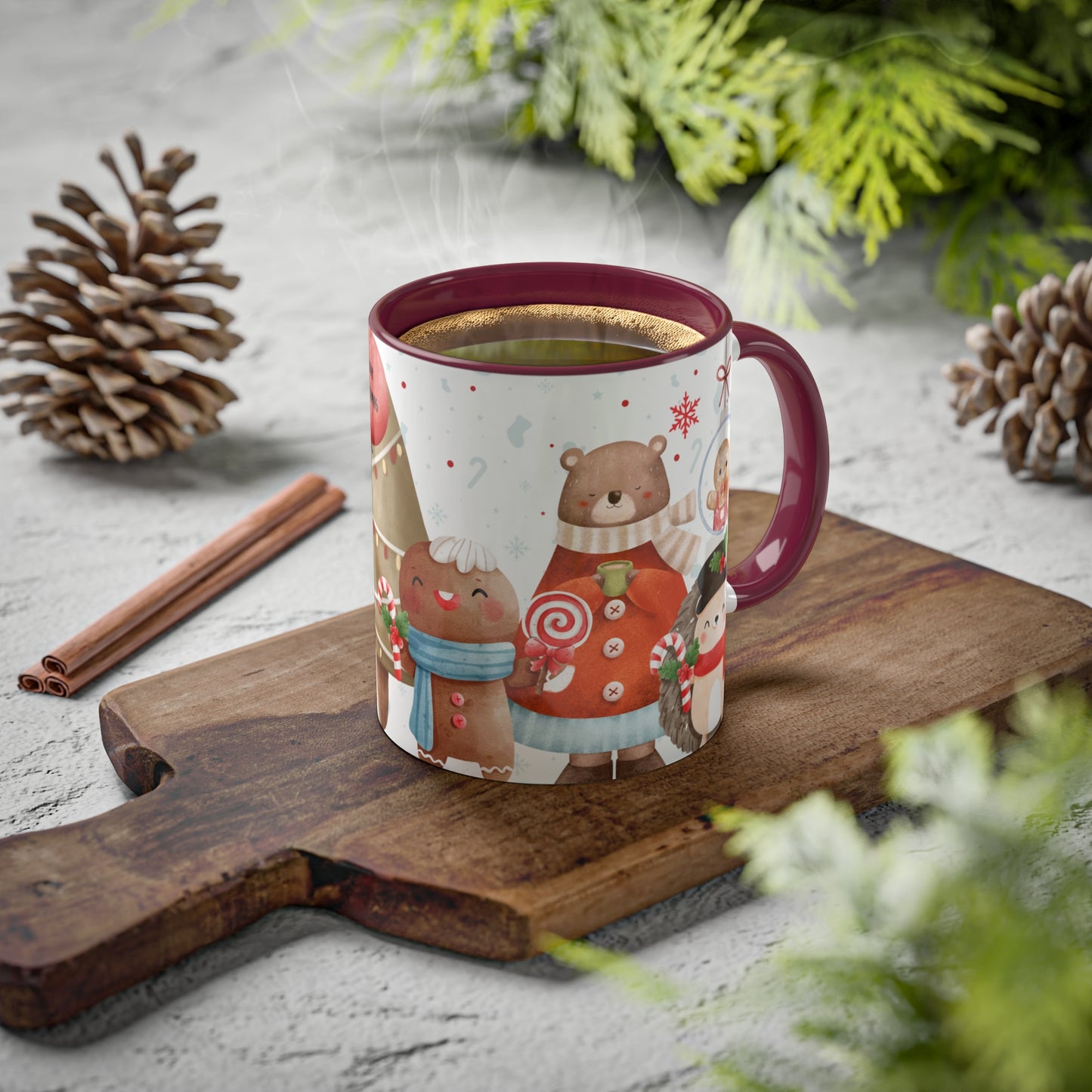 Festive Christmas Mug with Adorable Bear, Hedgehog, and Gingerbread Design – Holiday Coffee Cup