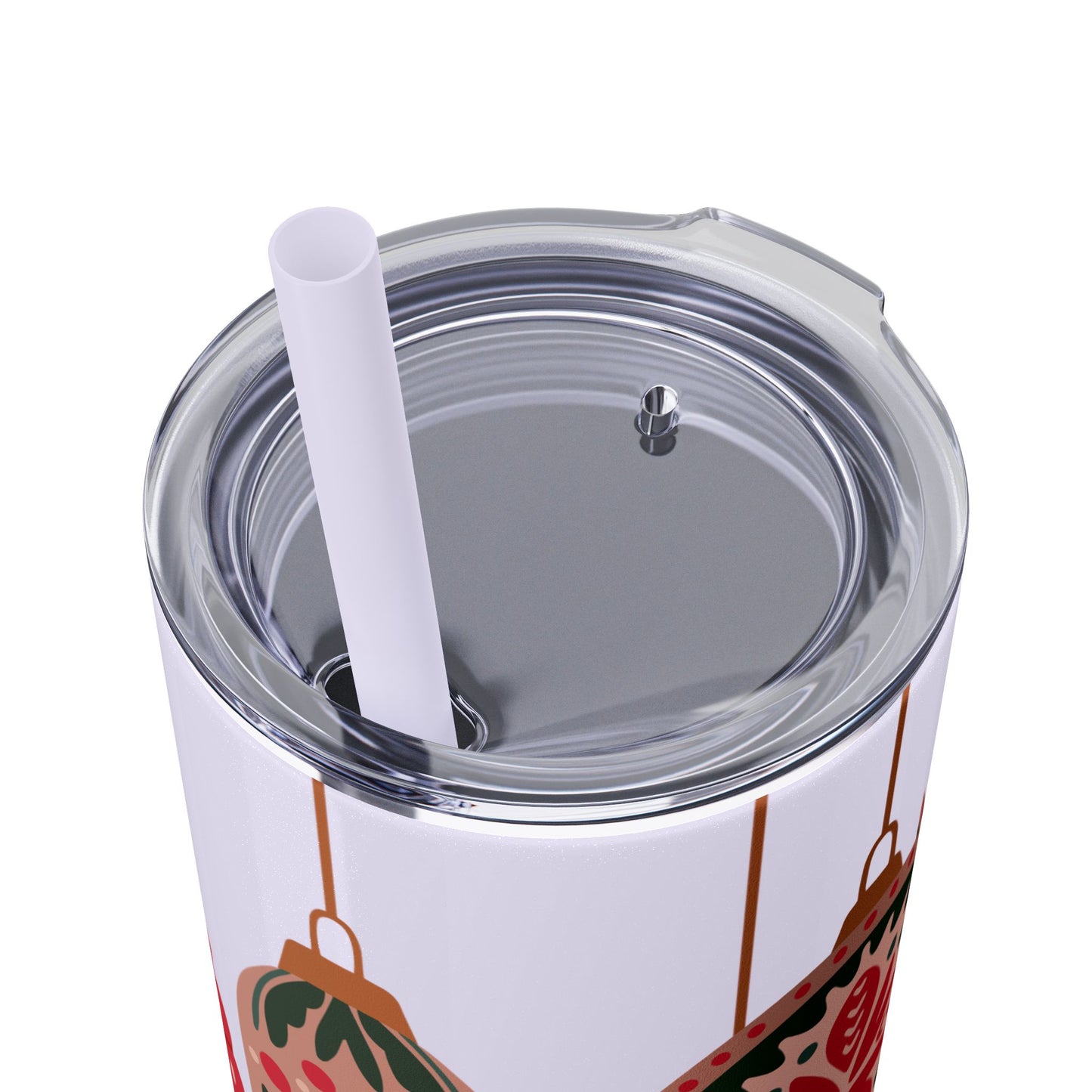 Scandinavian-Inspired Holiday Skinny Tumbler with Straw - Festive Ornaments Design, 20oz