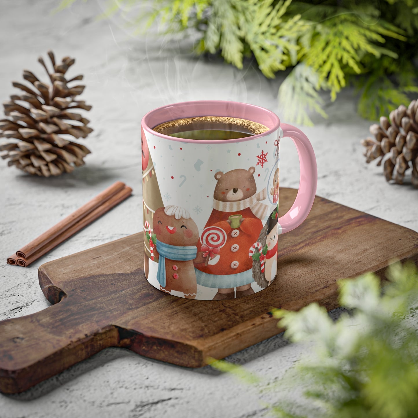 Festive Christmas Mug with Adorable Bear, Hedgehog, and Gingerbread Design – Holiday Coffee Cup