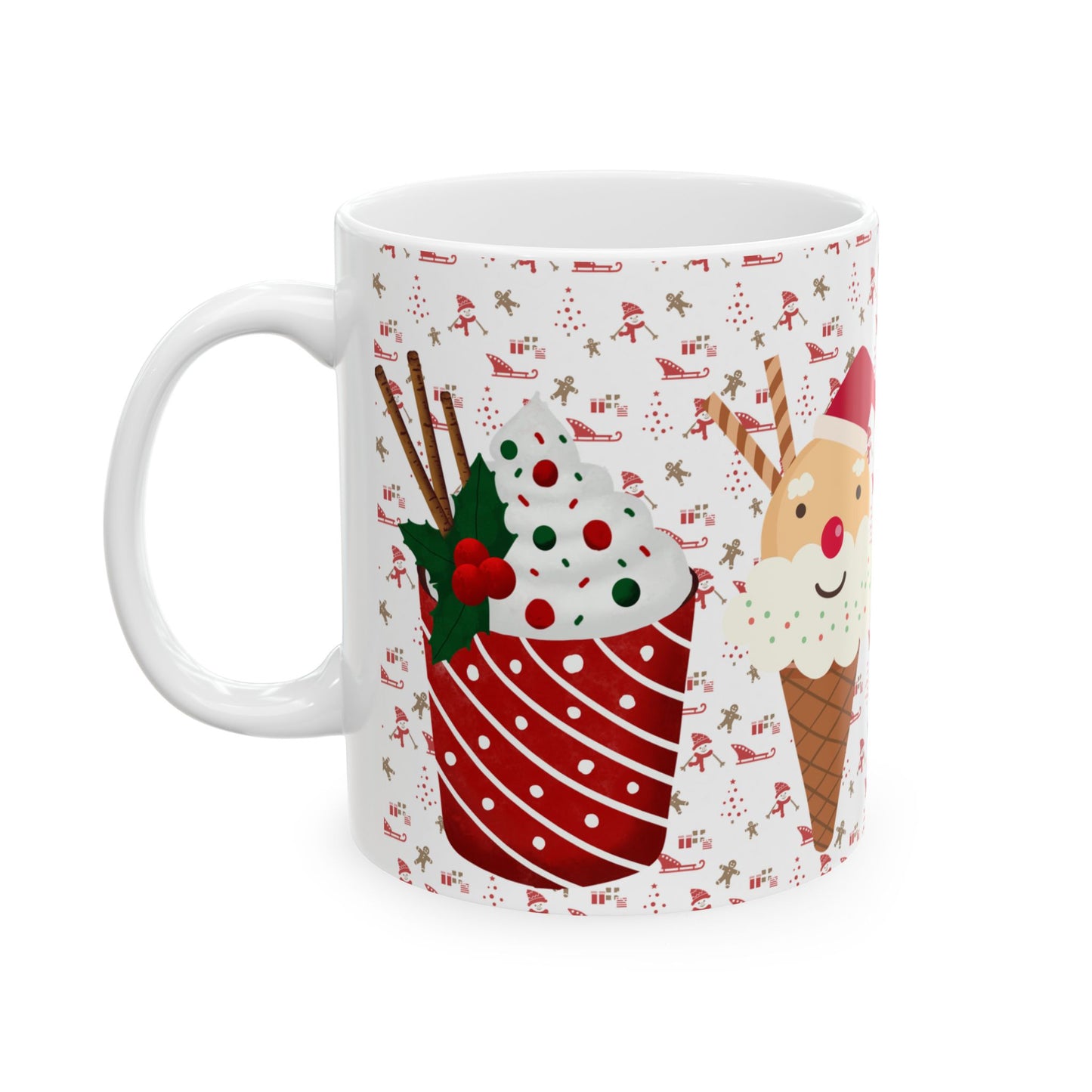 Festive Christmas Mug with Holiday Treats and Cute Characters – Perfect for Winter Beverages