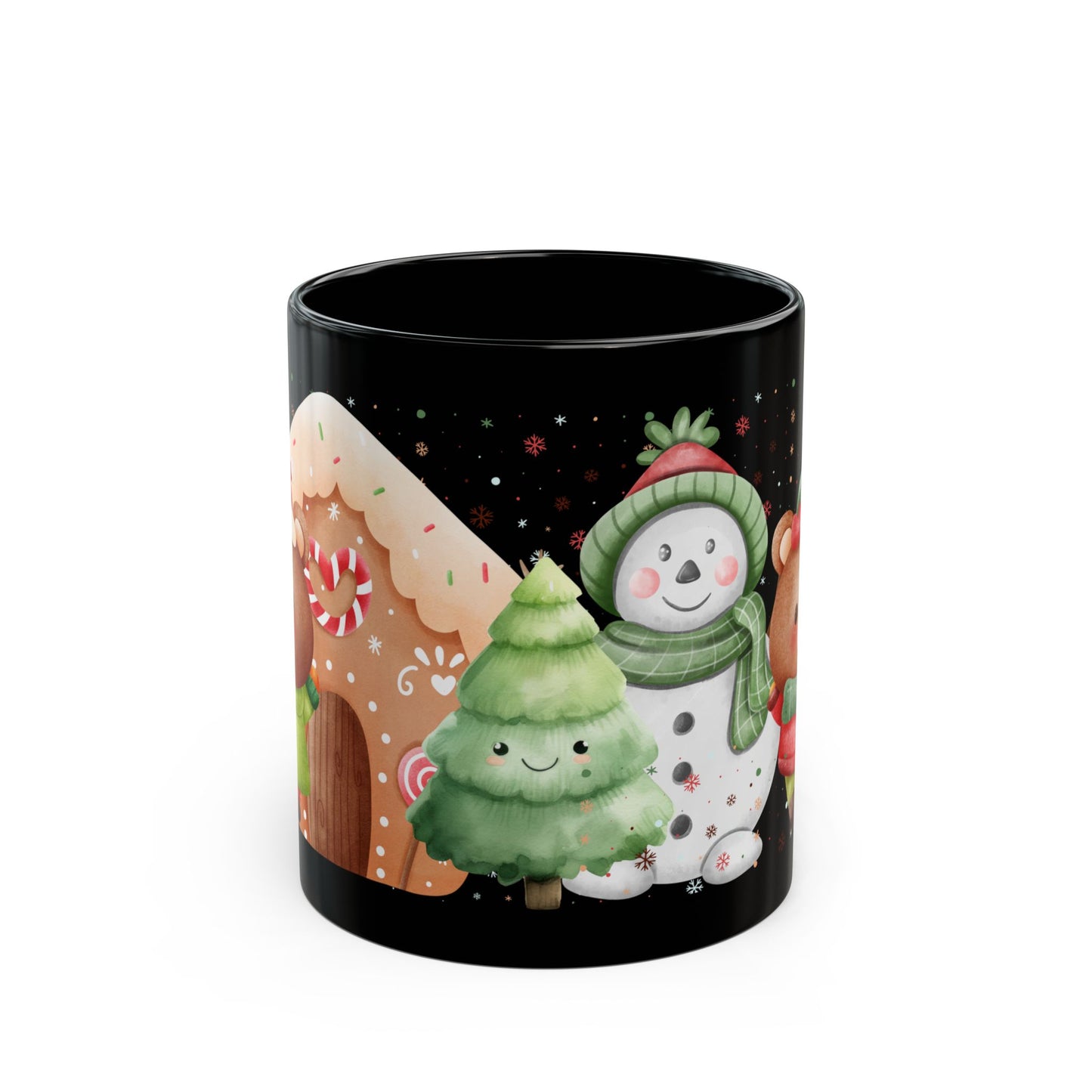 Black Christmas Mug with Adorable Bear and Snowman Design – Festive Holiday Coffee Cup